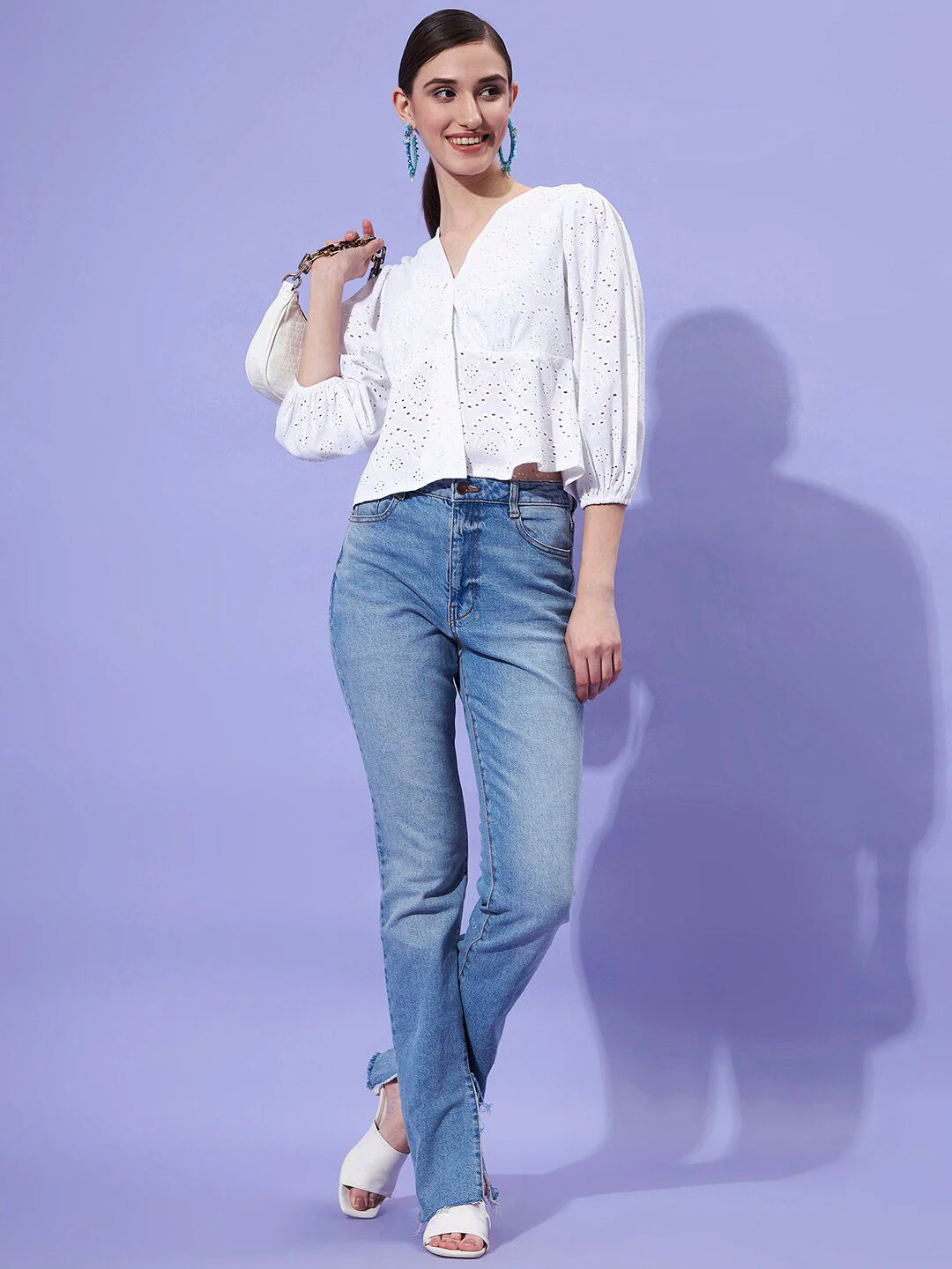 Athena V-Neck Puff Sleeves Schiffli Empire Top - Image 6