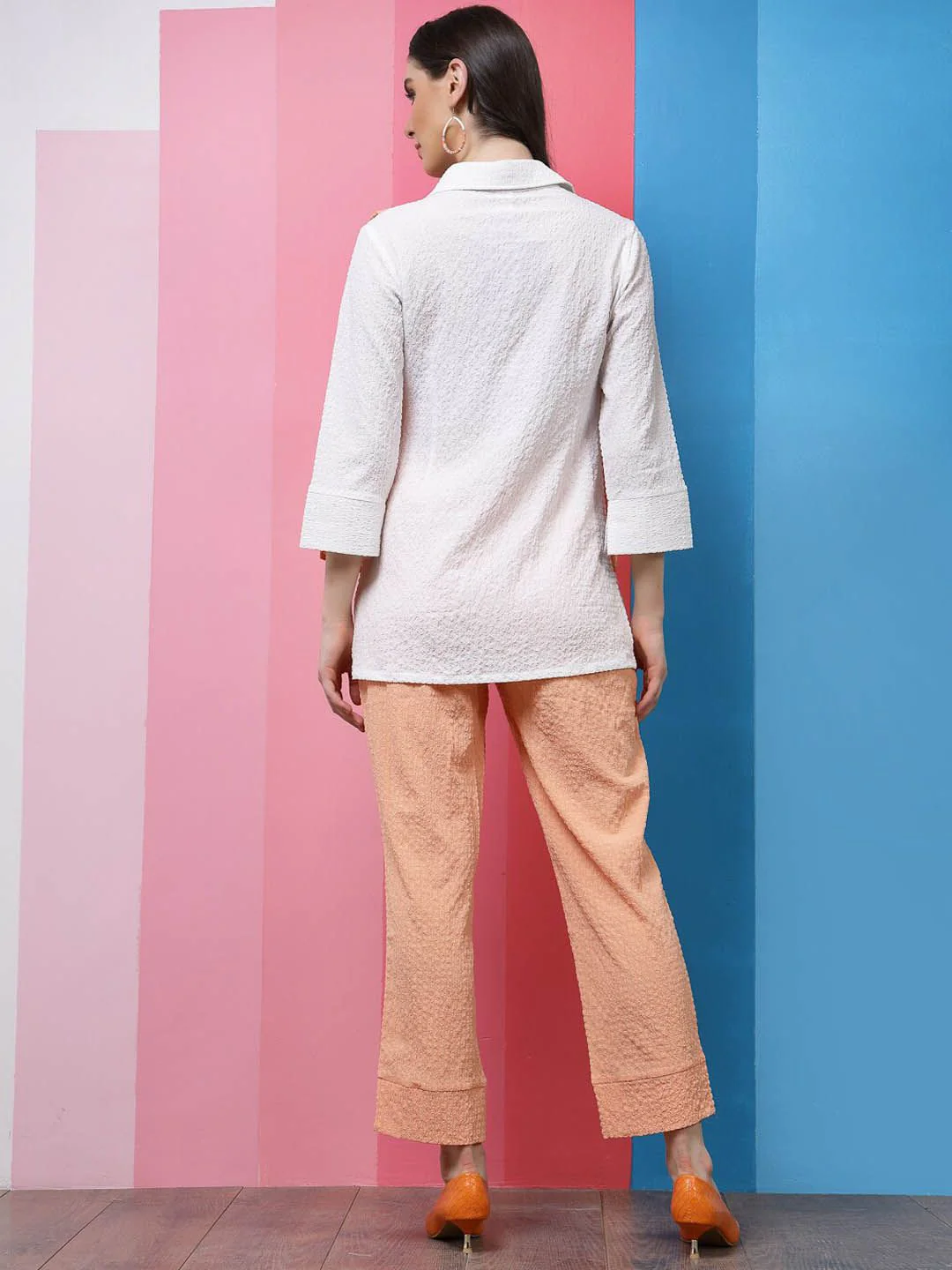 Athena White & Peach Self-Design Shirt Collar Shirt With Trousers & Scarf Co-Ords - Image 4