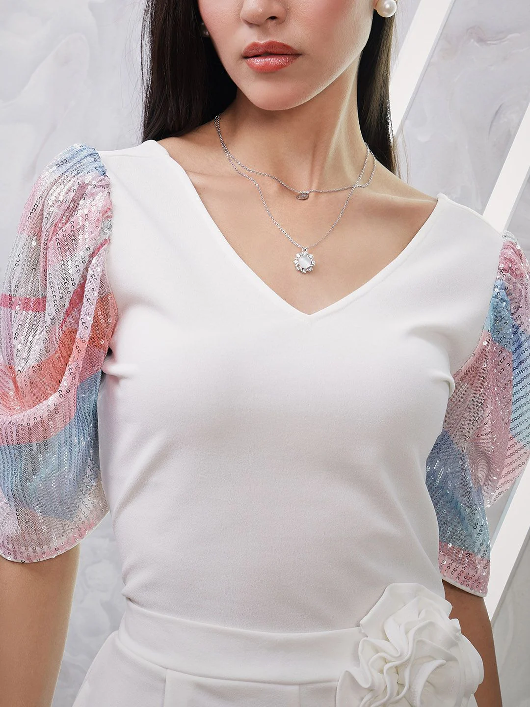 Athena White V-Neck Puff Sleeve Top - Image 2