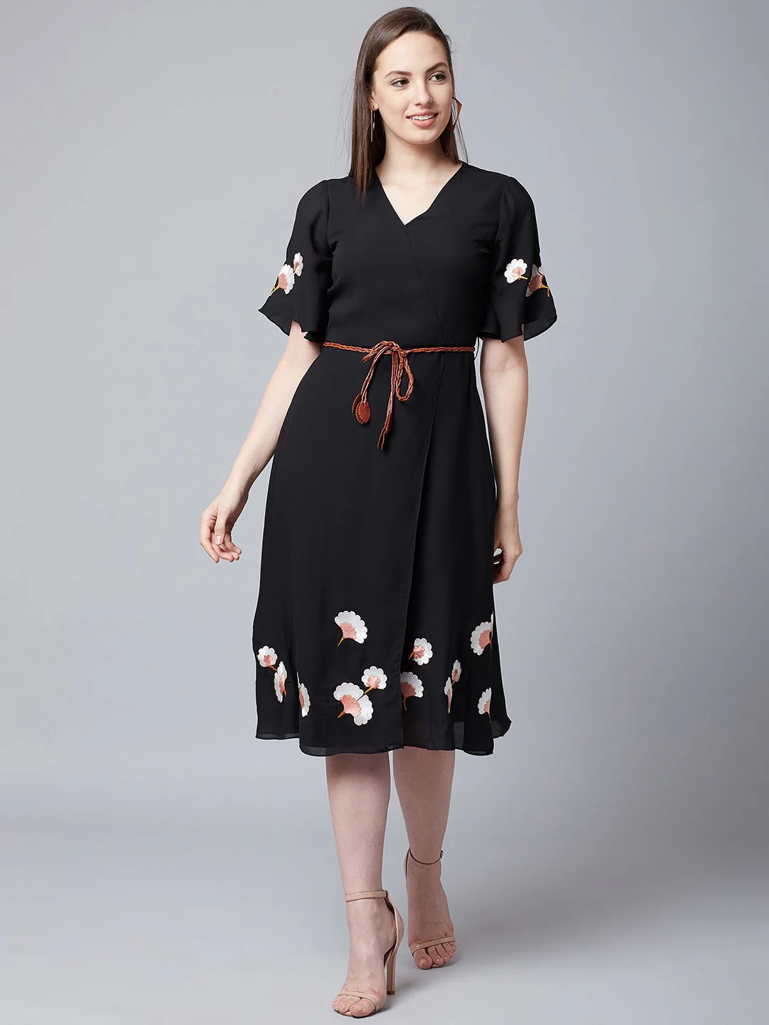 Athena Women Black Embroidered Wrap Dress