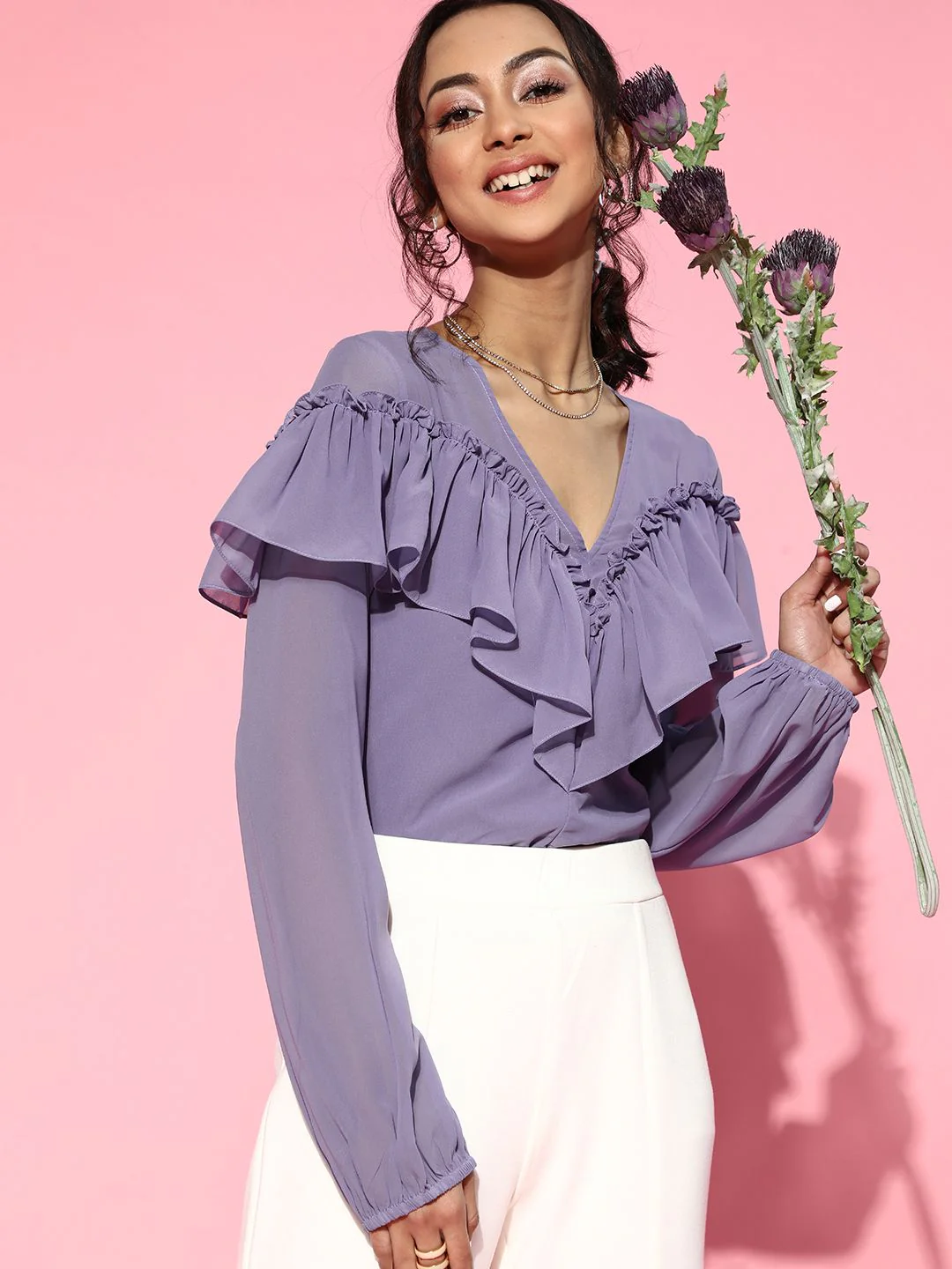 Athena Women Elegant Lavender Solid Ruffled Top