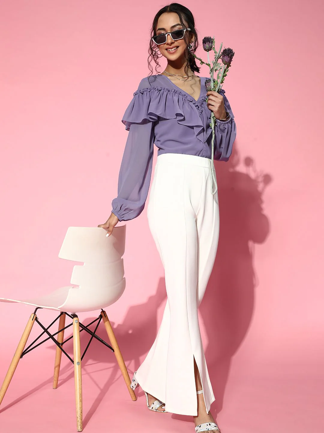 Athena Women Elegant Lavender Solid Ruffled Top - Image 2
