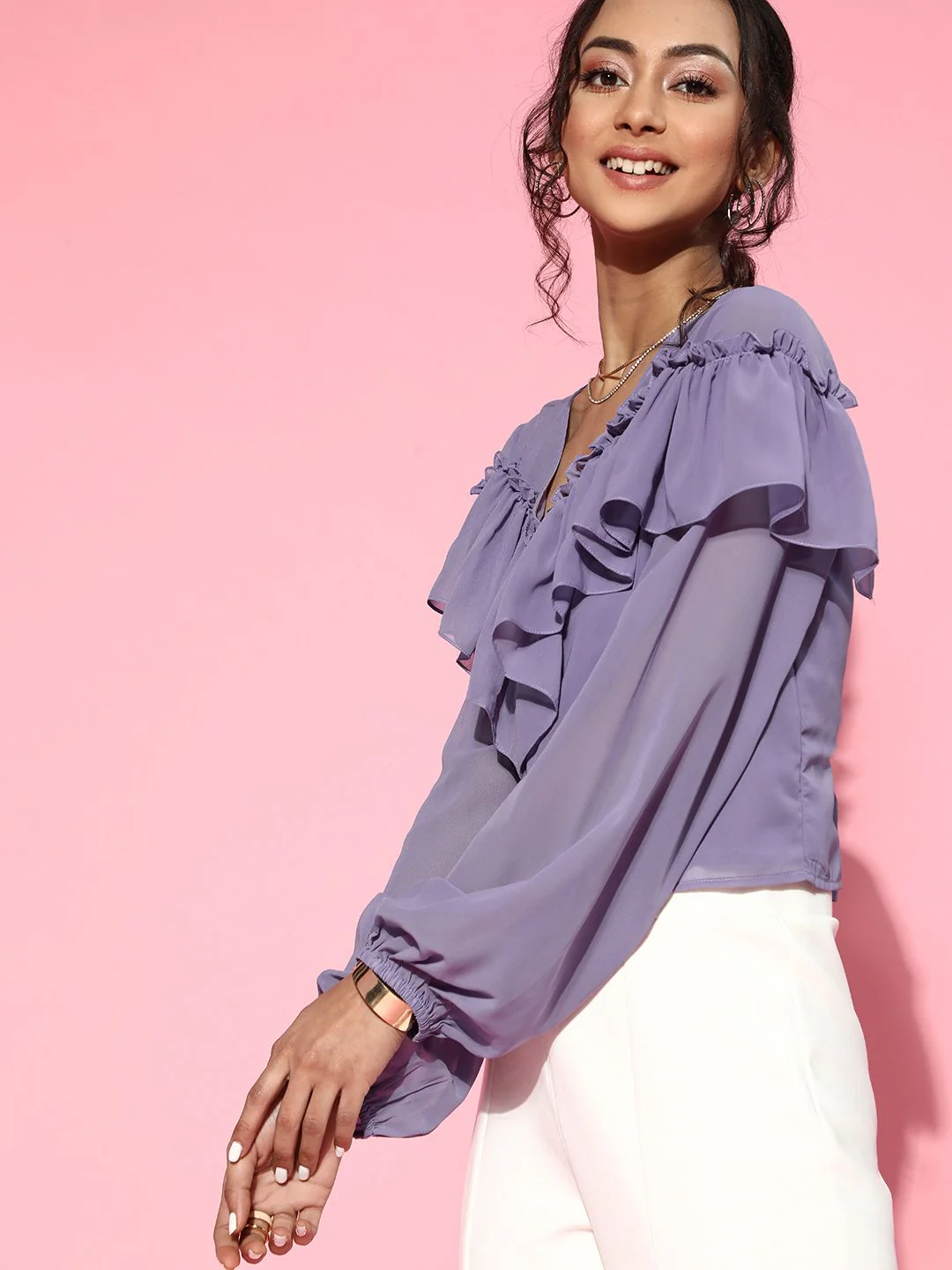 Athena Women Elegant Lavender Solid Ruffled Top - Image 3