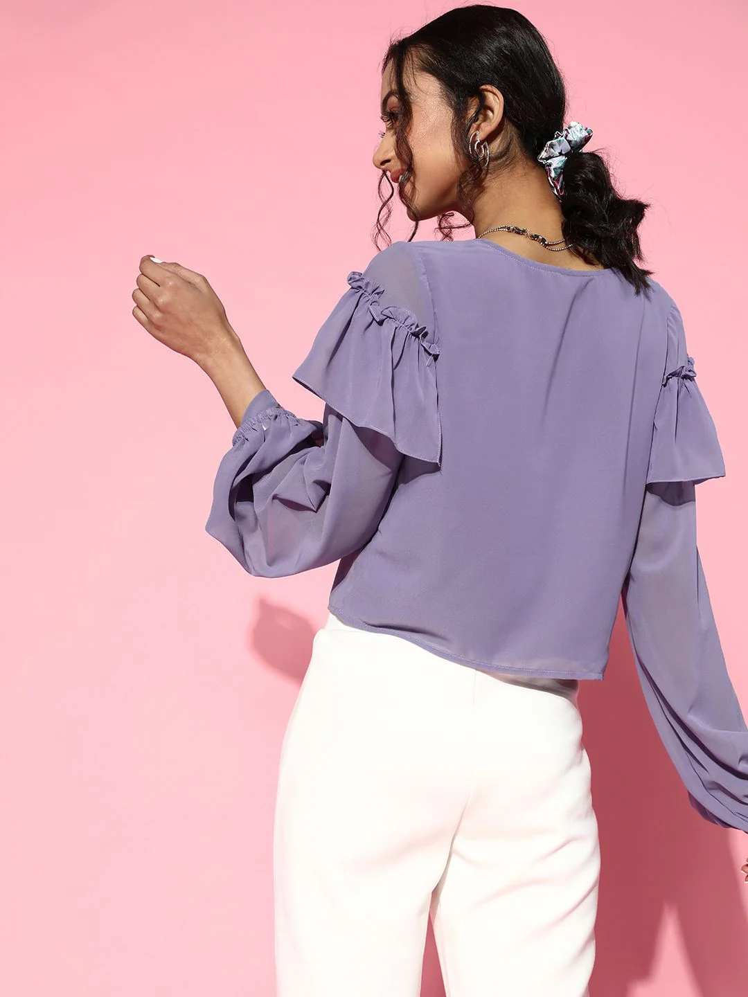 Athena Women Elegant Lavender Solid Ruffled Top - Image 5