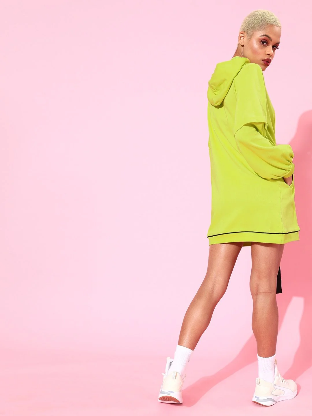 Athena Women Lime Green Hooded Sweatshirt with Belt Detail - Image 4
