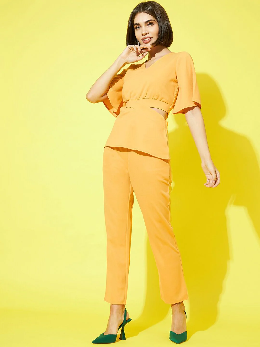 Athena Women Mustard Yellow Solid V-Neck Top and Trousers - Image 4