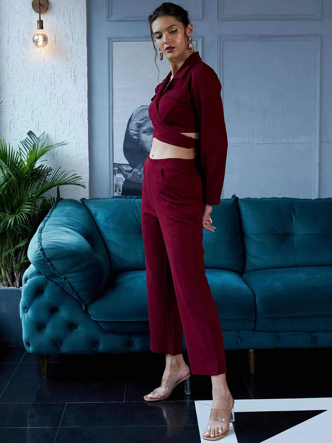 Athena Women Solid Lapel Collar Tie up Co-ord Set - Image 3