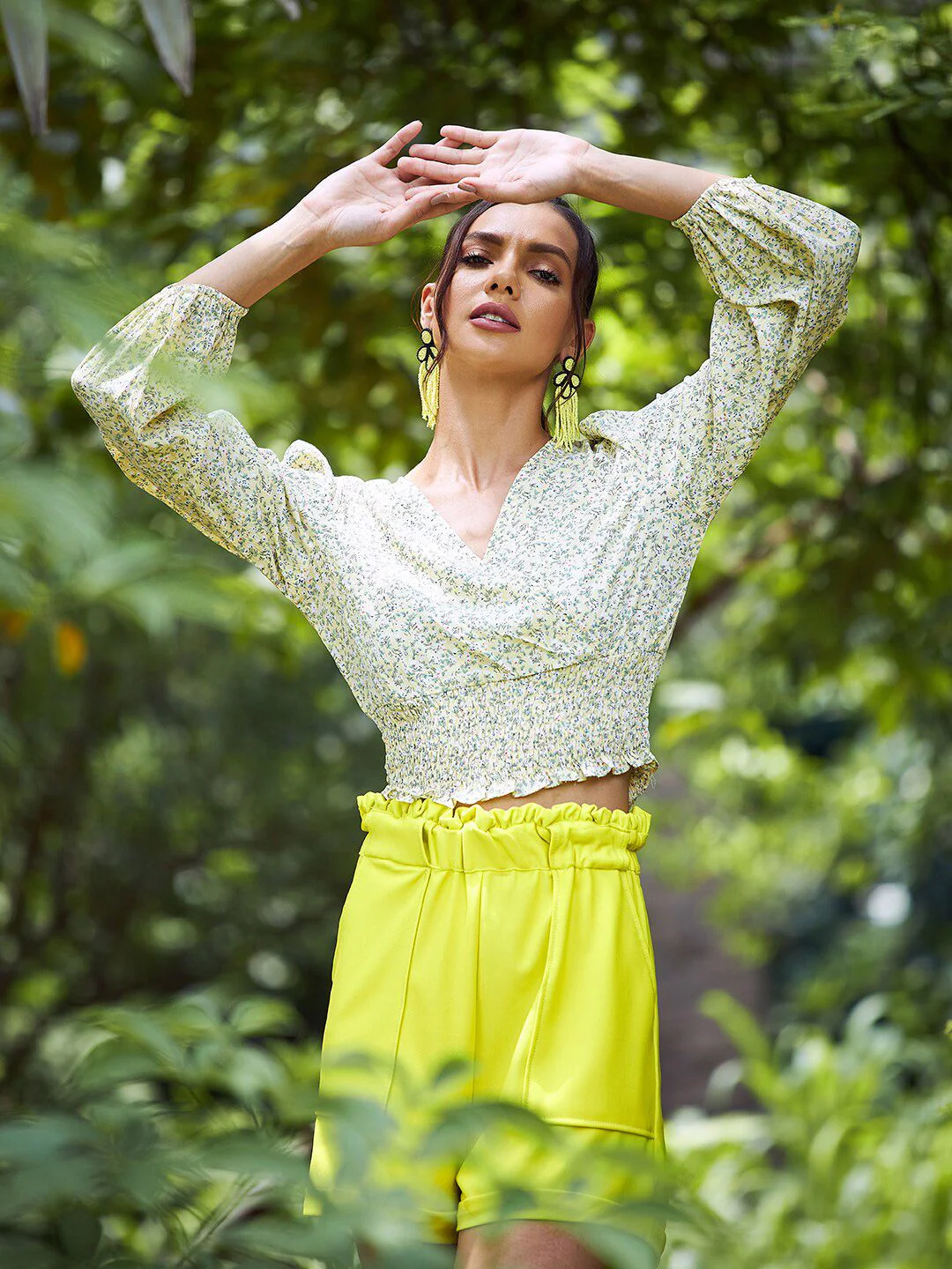 Athena Women Yellow Floral Print Smoked Detail Peplum Top - Image 7