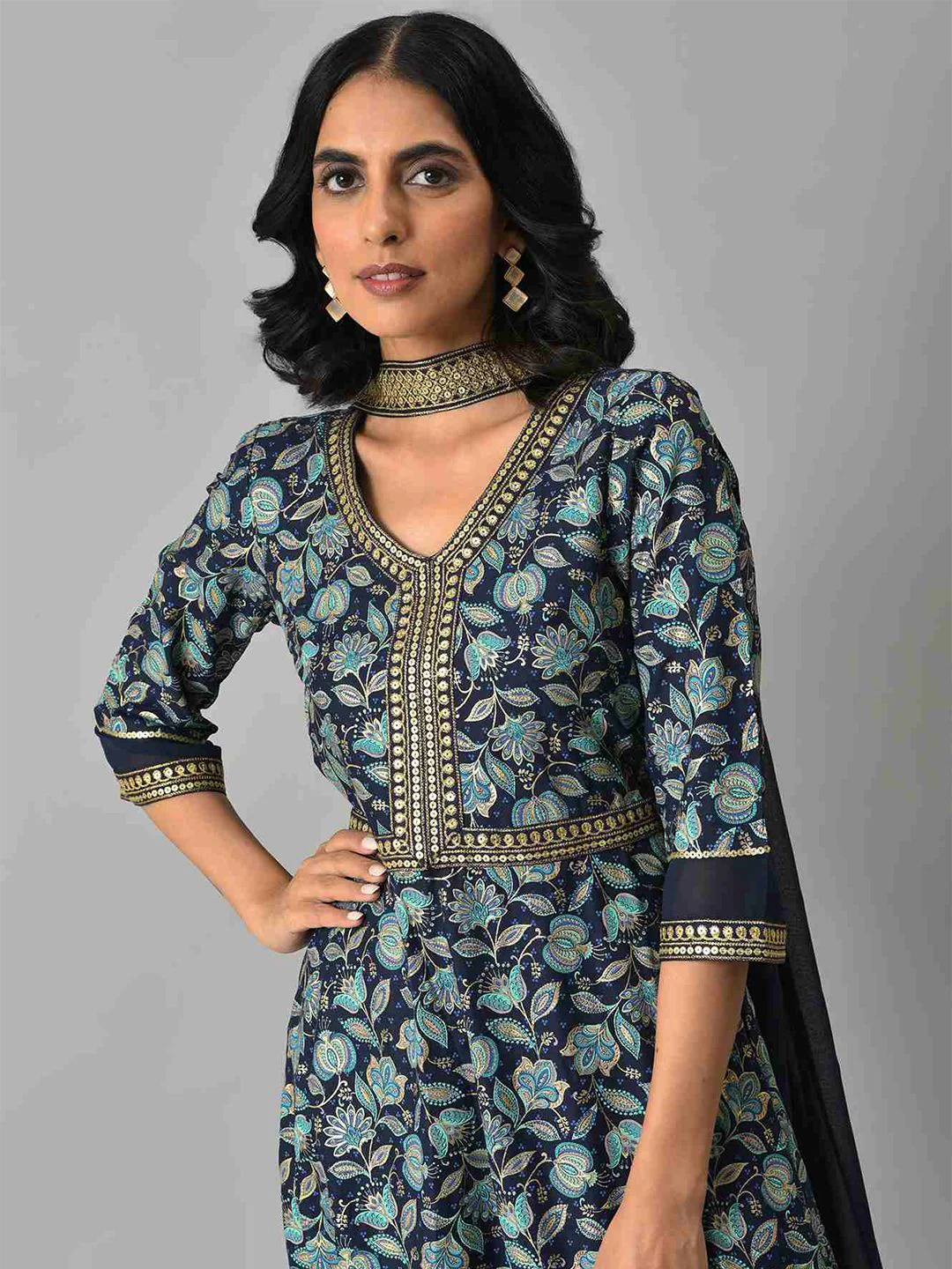 AURELIA Blue Zari Embroidered Floral Printed Choker Maxi Dress - Image 2