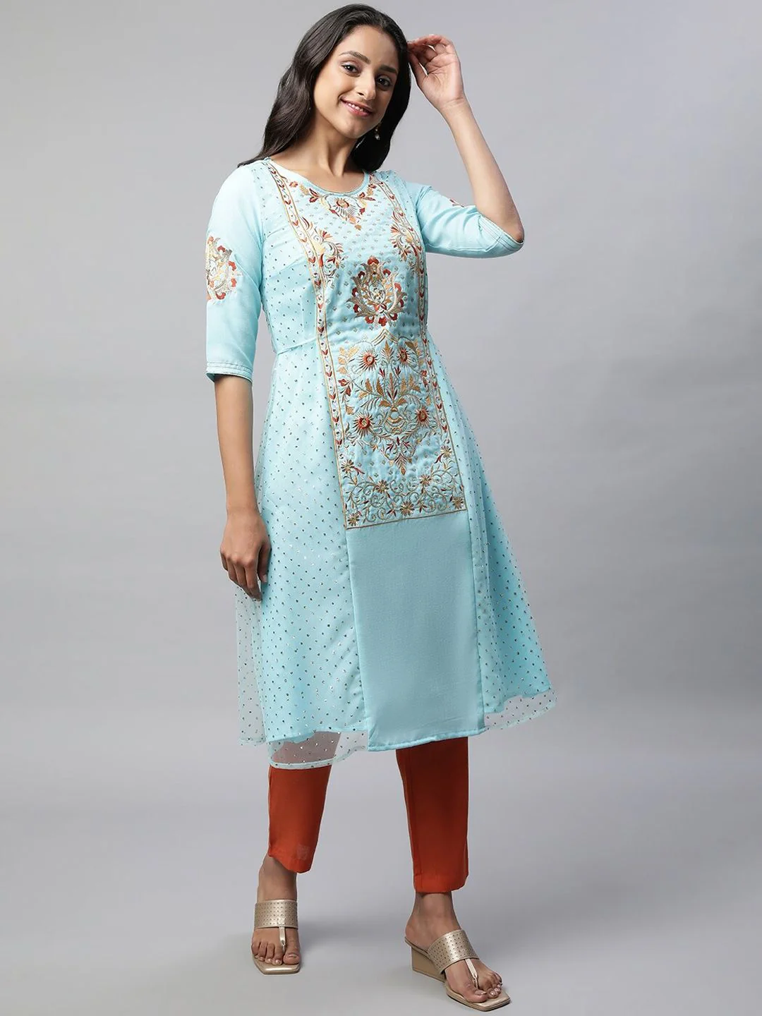 AURELIA Ethnic Motifs Embroidered Sequinned Kurta with Trousers & Dupatta - Image 3