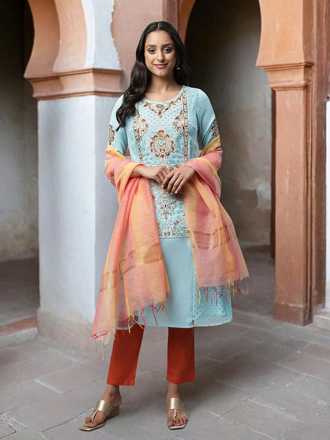 AURELIA Ethnic Motifs Embroidered Sequinned Kurta with Trousers & Dupatta - Image 6