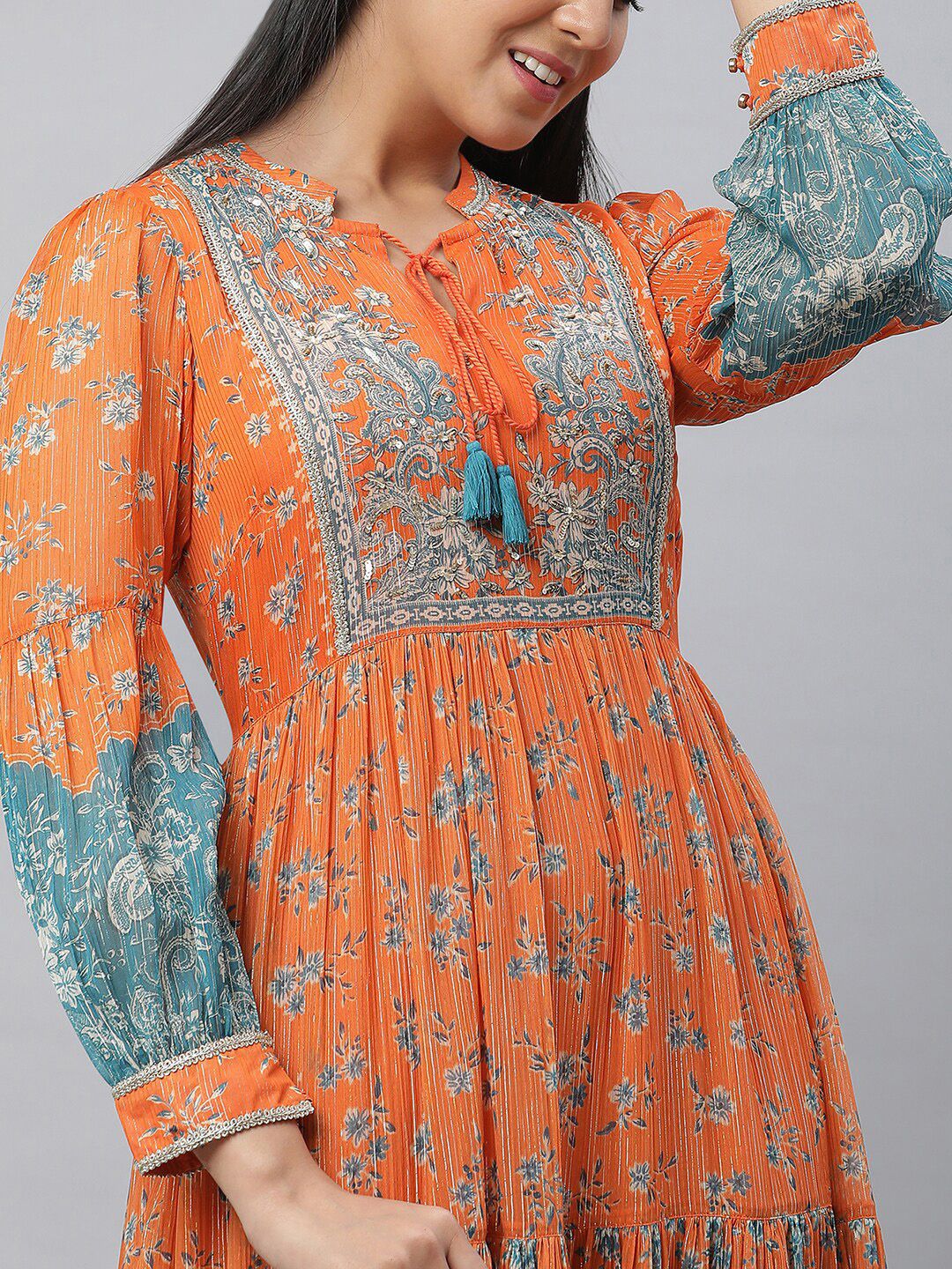 AURELIA Floral Printed Tie-Up Neck Cuffed Sleeves Tiered Detail Georgette Maxi Dress - Image 2
