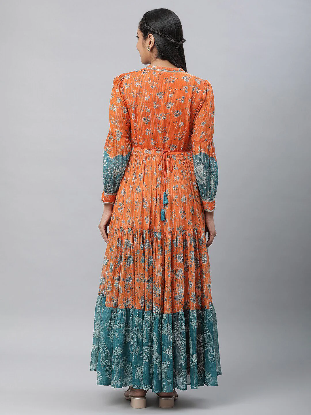 AURELIA Floral Printed Tie-Up Neck Cuffed Sleeves Tiered Detail Georgette Maxi Dress - Image 4