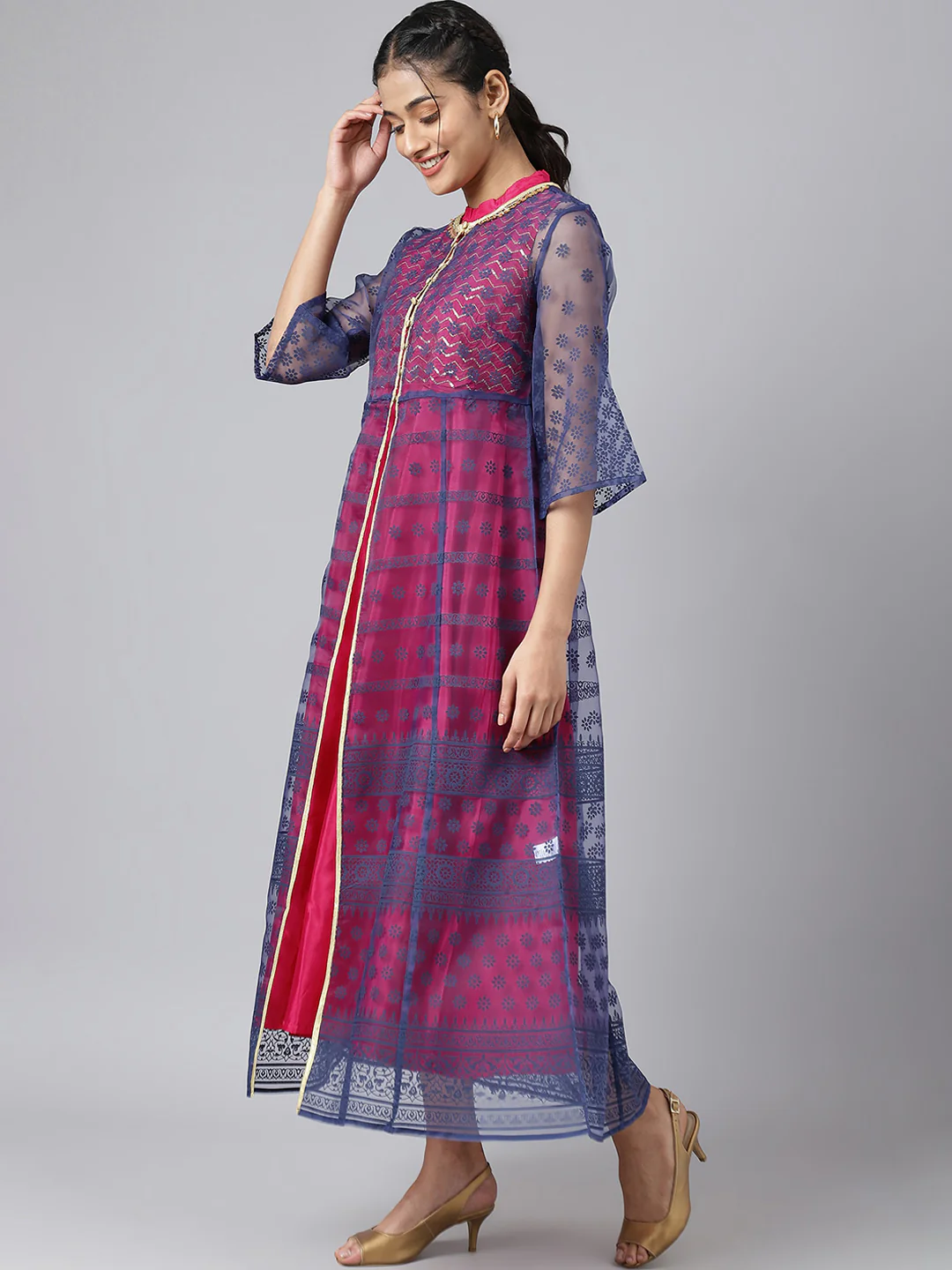 AURELIA Women Blue Ethnic Motifs Printed Flared Sleeves Anarkali Kurta - Image 3