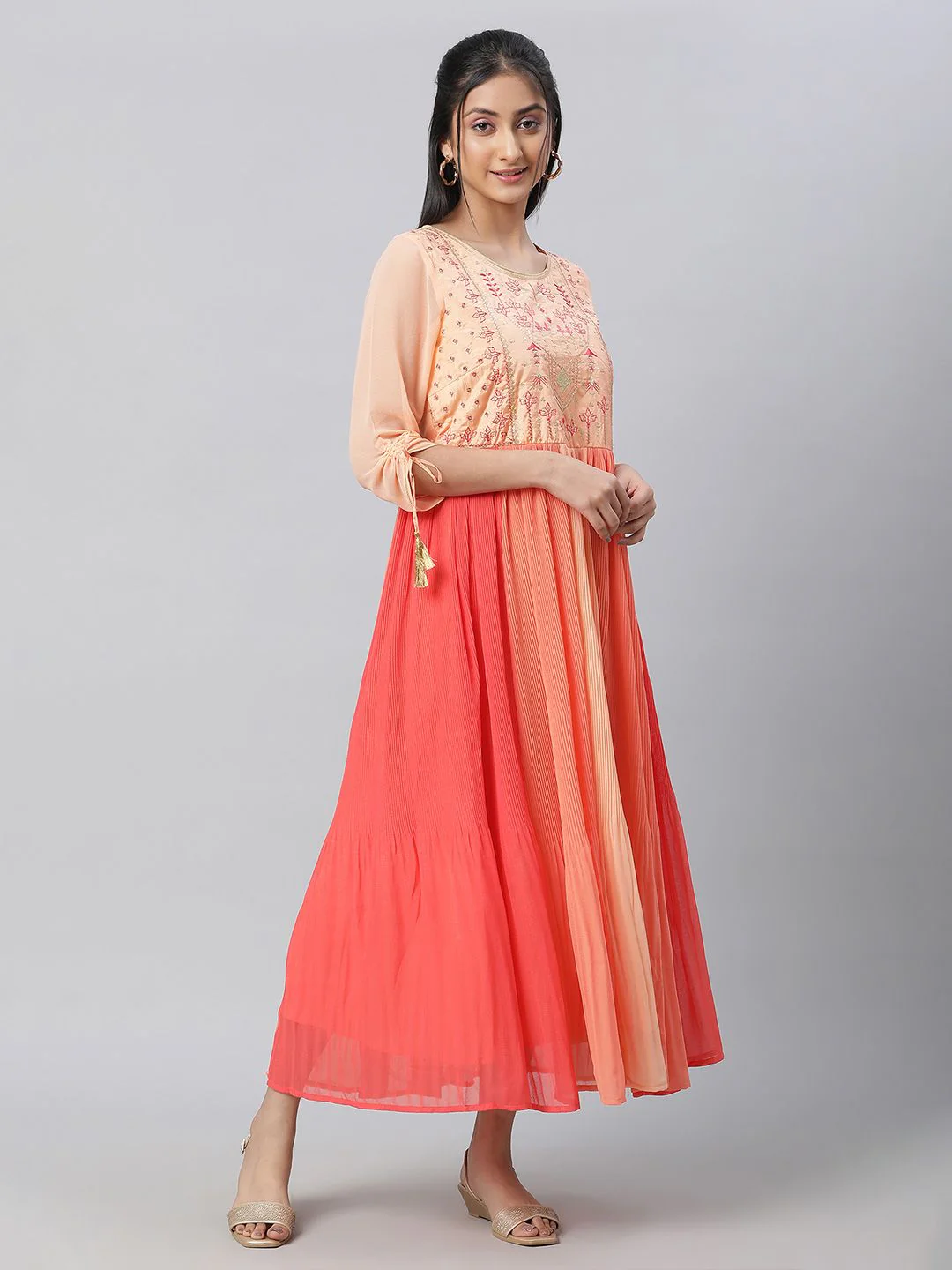 AURELIA Women Floral Embroidered Round Neck Fit and Flare Maxi Dress - Image 3