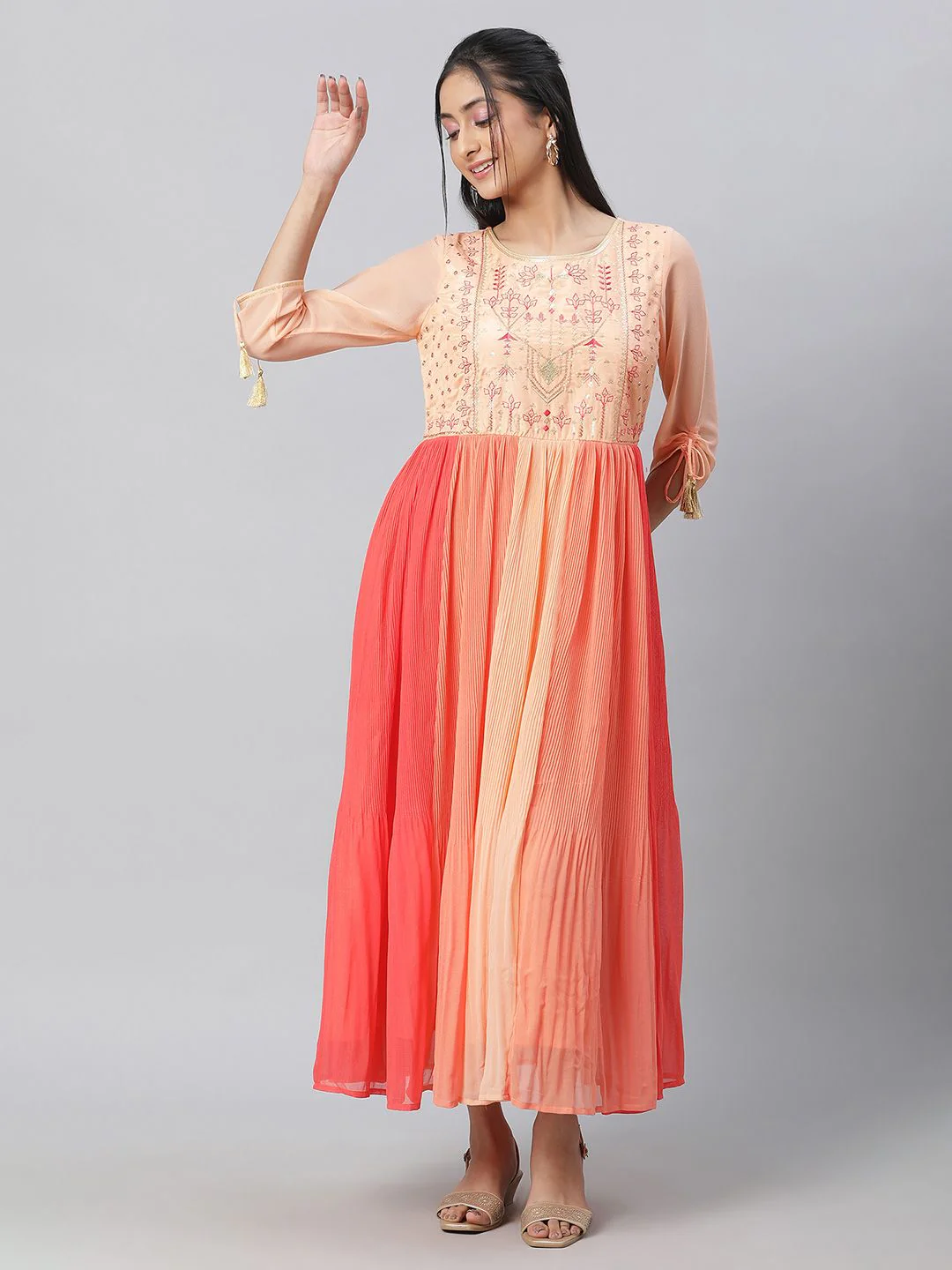 AURELIA Women Floral Embroidered Round Neck Fit and Flare Maxi Dress - Image 4