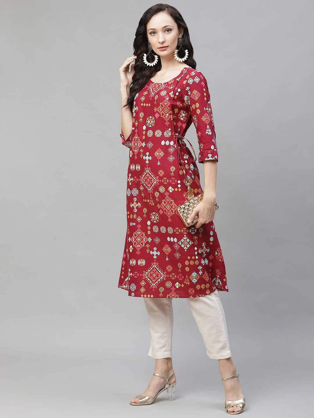 AURELIA Women Maroon & Golden Ethnic Motifs Print Angrakha A-line Kurta - Image 4