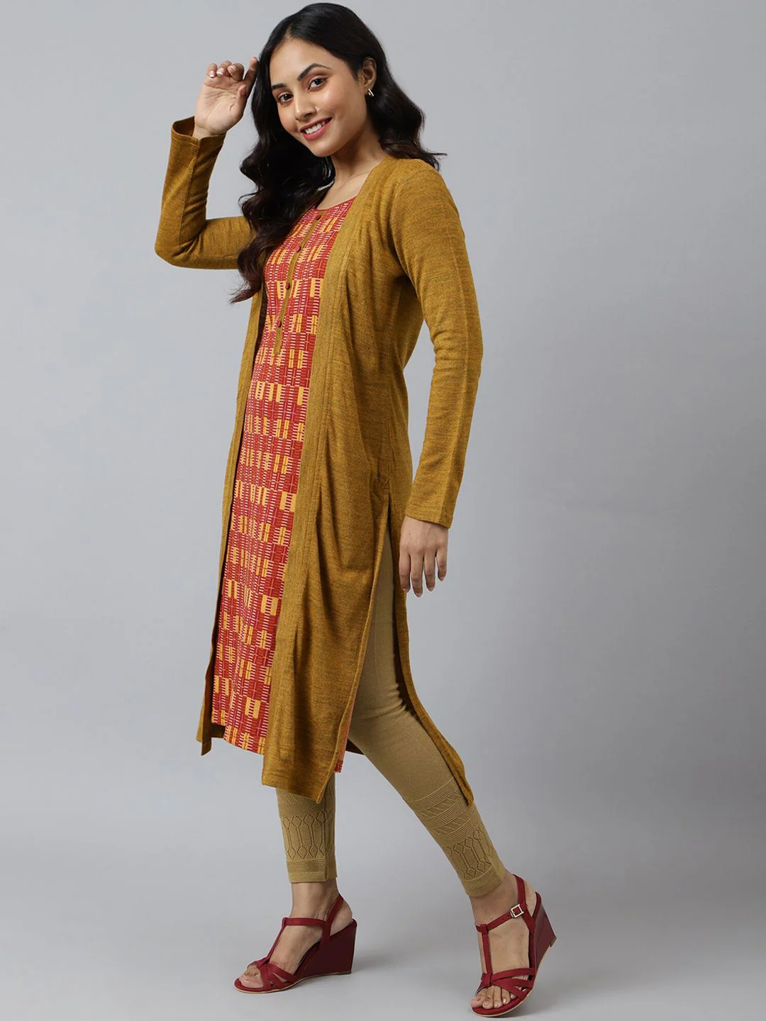 AURELIA Women Mustard Yellow & Red Printed Acrylic Straight Kurta - Image 3