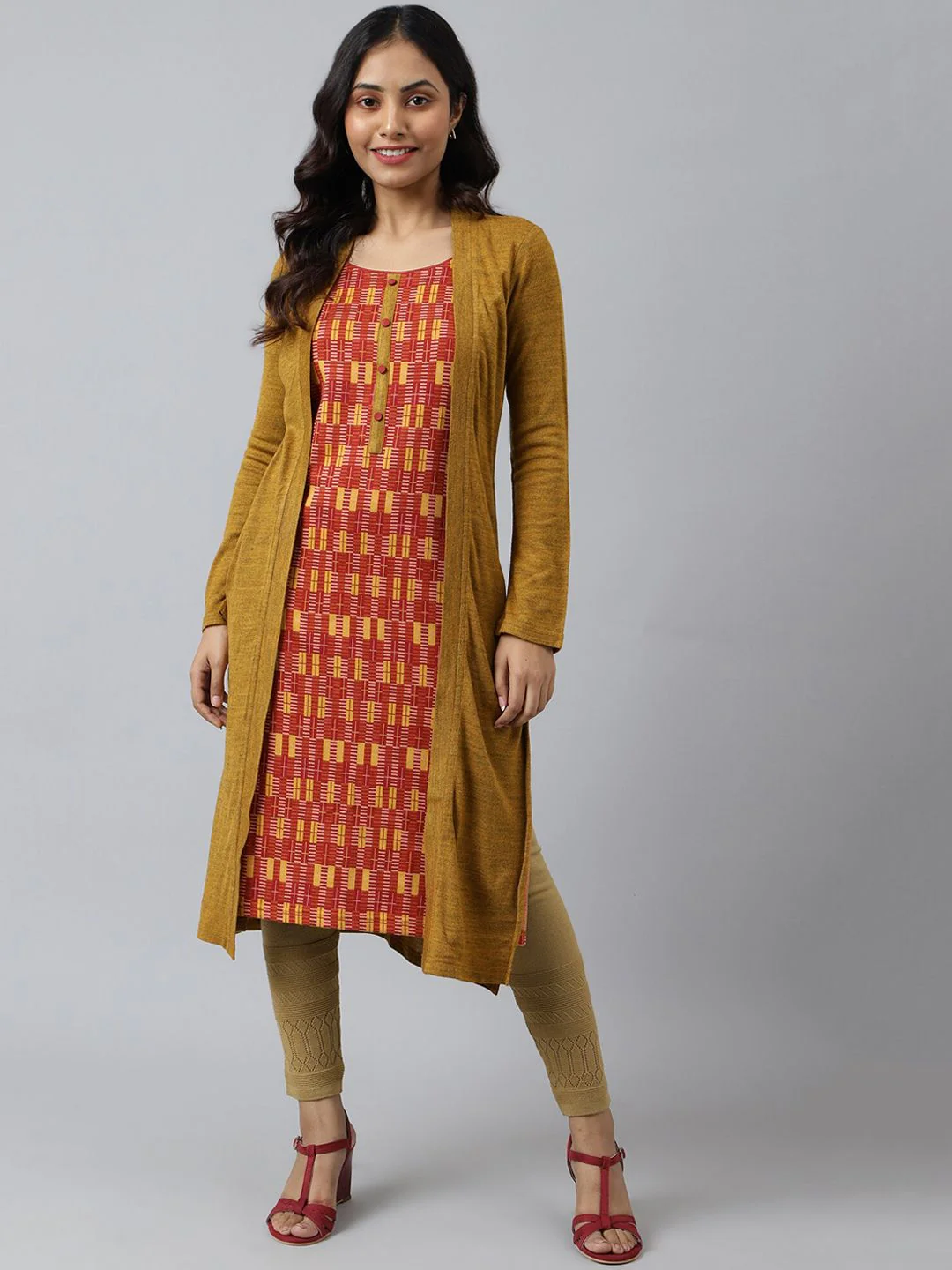 AURELIA Women Mustard Yellow & Red Printed Acrylic Straight Kurta - Image 4