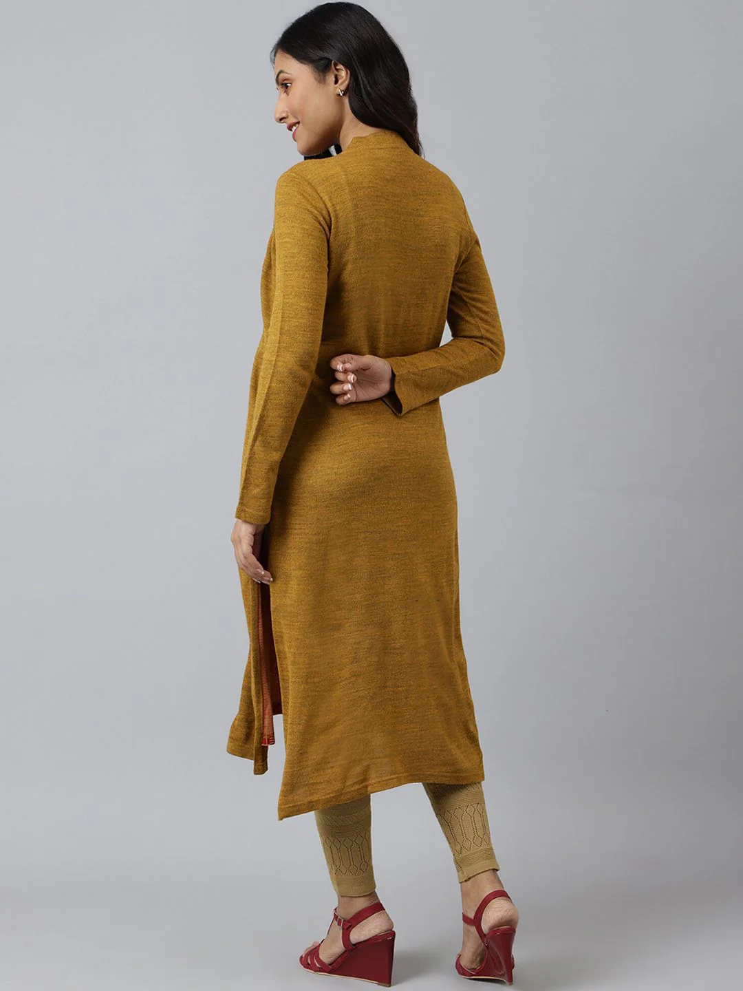 AURELIA Women Mustard Yellow & Red Printed Acrylic Straight Kurta - Image 5