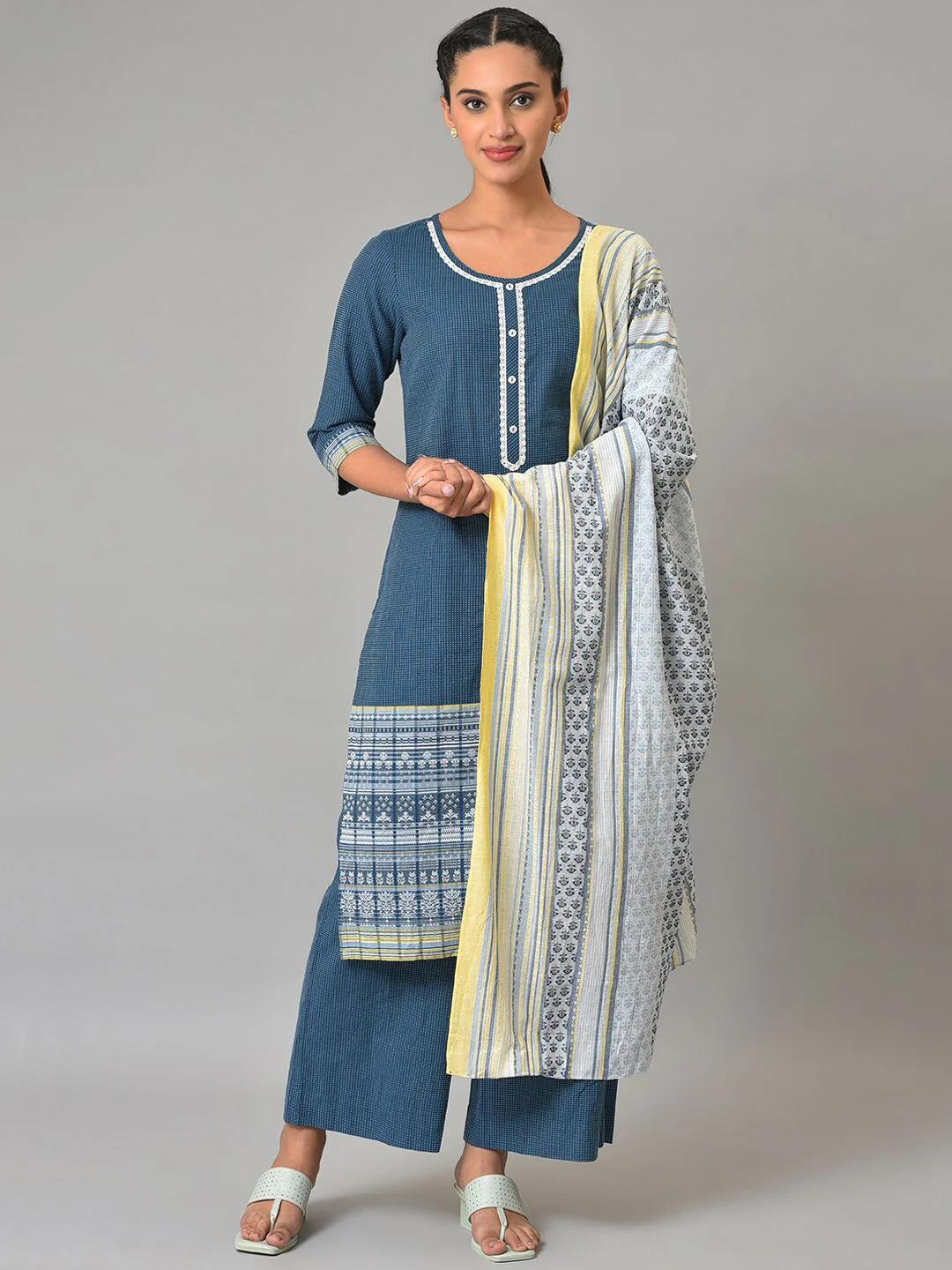 Aurelia Women Navy Geometric Print Cotton Kurta Set with Palazzos & Dupatta