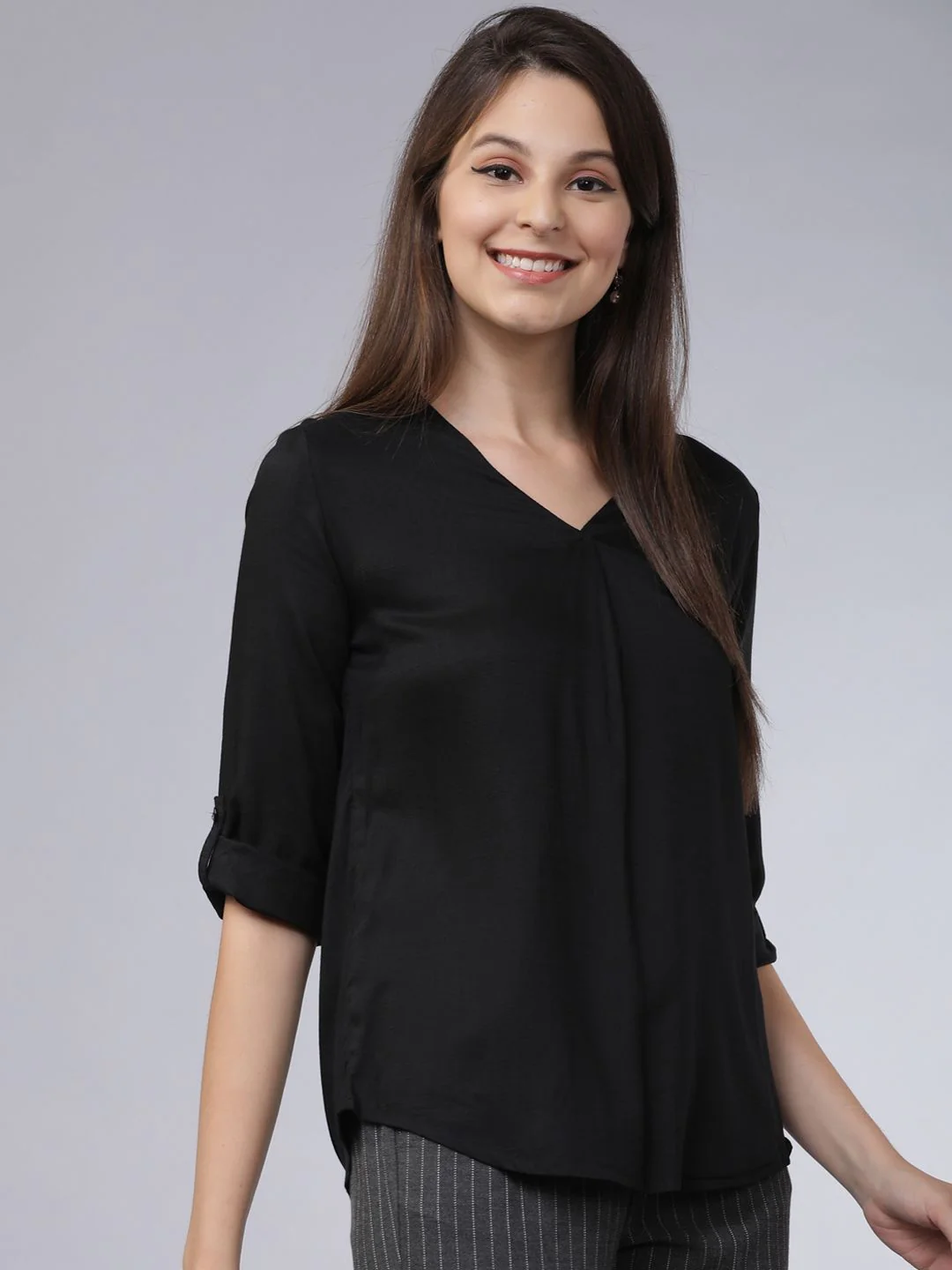 Basics By Tokyo Talkies Black V-Neck Top With Roll-Up Sleeves - Image 3