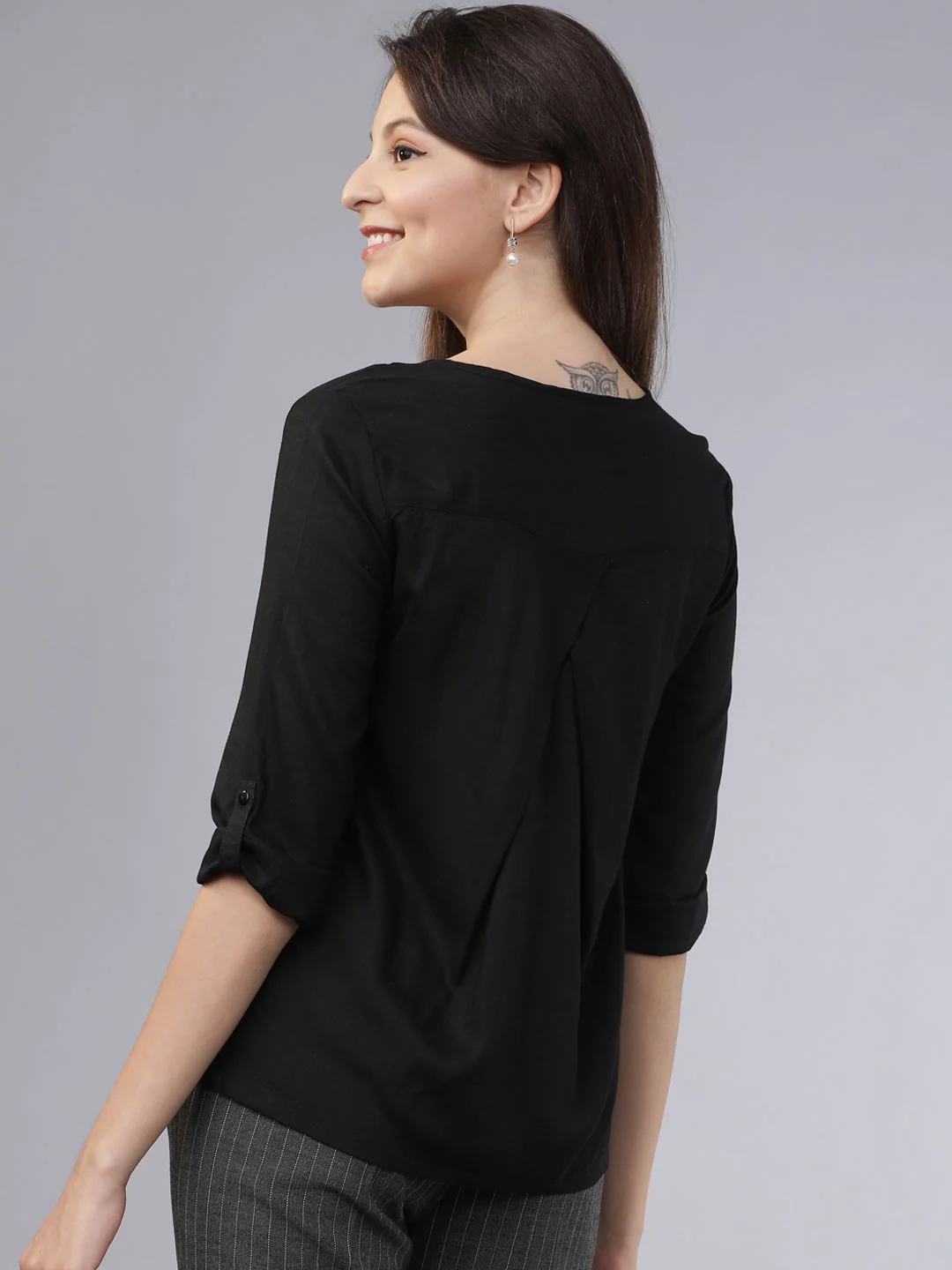 Basics By Tokyo Talkies Black V-Neck Top With Roll-Up Sleeves - Image 4