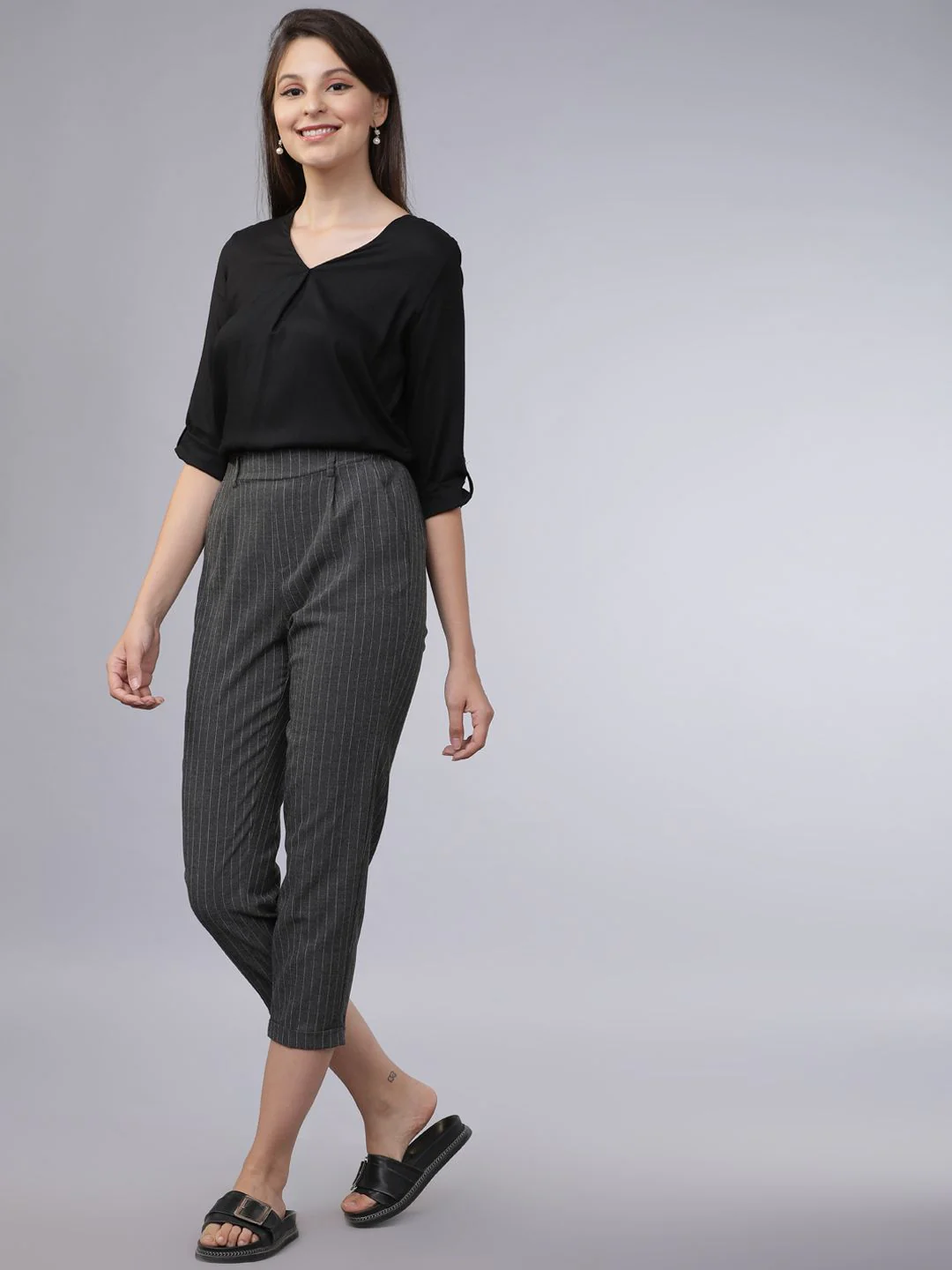 Basics By Tokyo Talkies Black V-Neck Top With Roll-Up Sleeves - Image 6