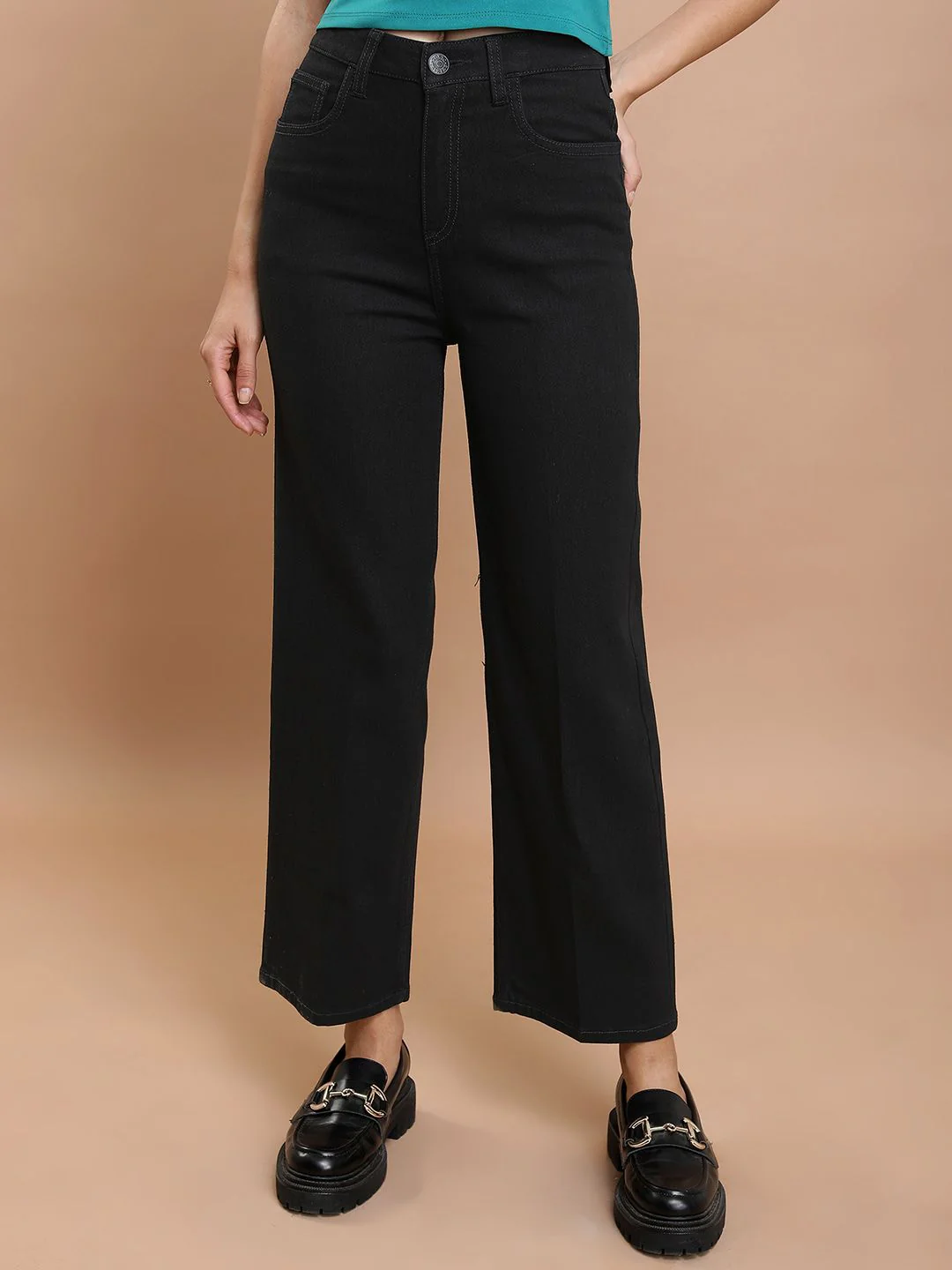 Basics By Tokyo Talkies Women Flared Mid-Rise Clean Look Straight Fit Stretchable Jeans