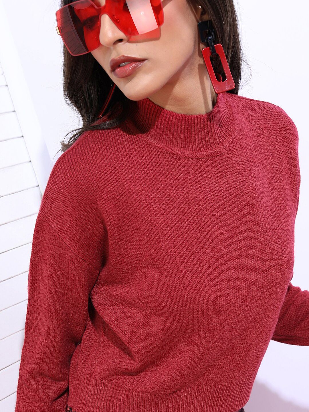 Basics By Tokyo Talkies Women Red Ribbed Pullover - Image 2