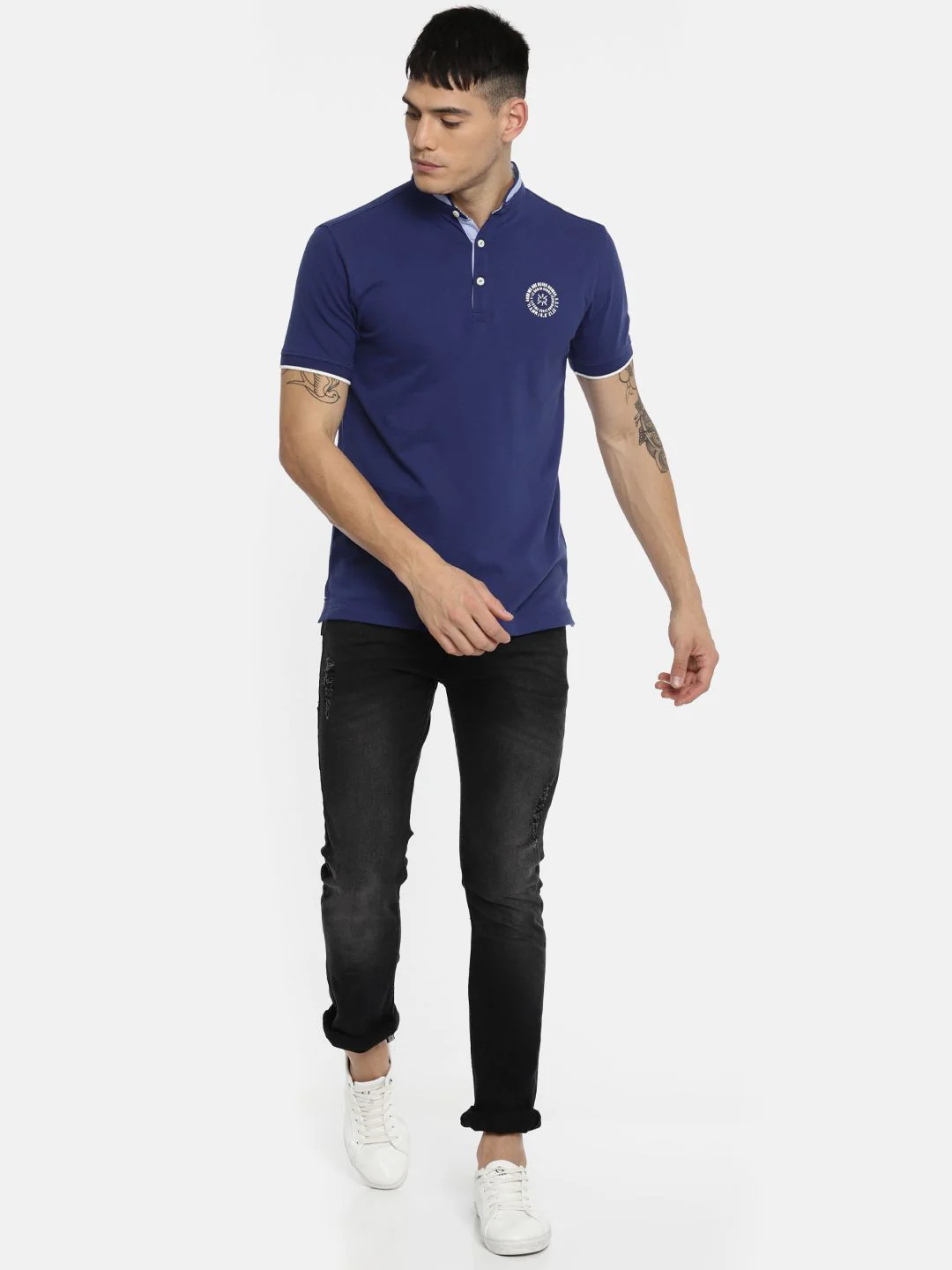 Being Human Clothing Men Blue Solid Mandarin Collar T-shirt - Image 4