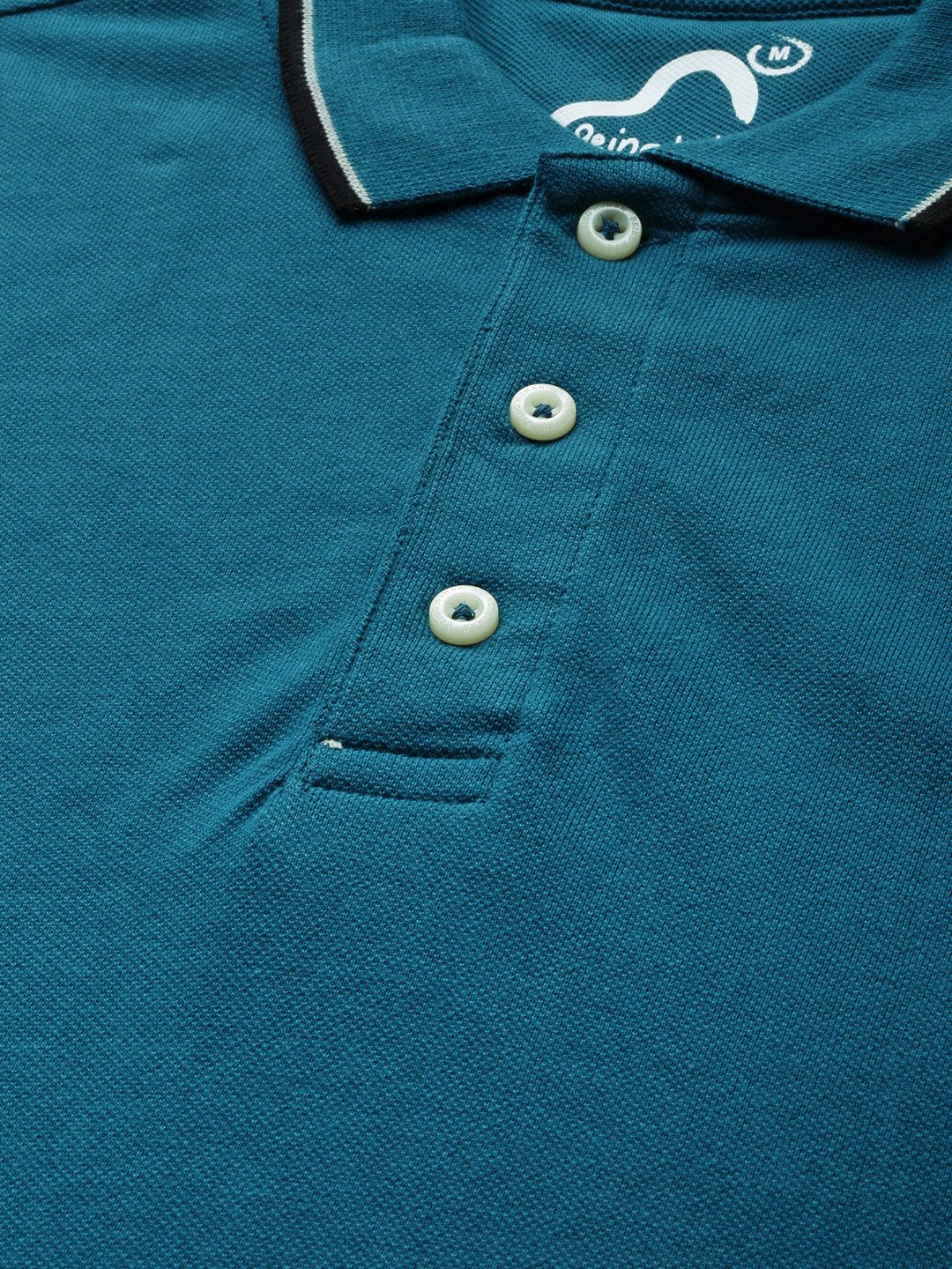 Being Human Clothing Men Teal Blue Solid Polo Collar Pure Cotton T-shirt with Tipping Detail - Image 2