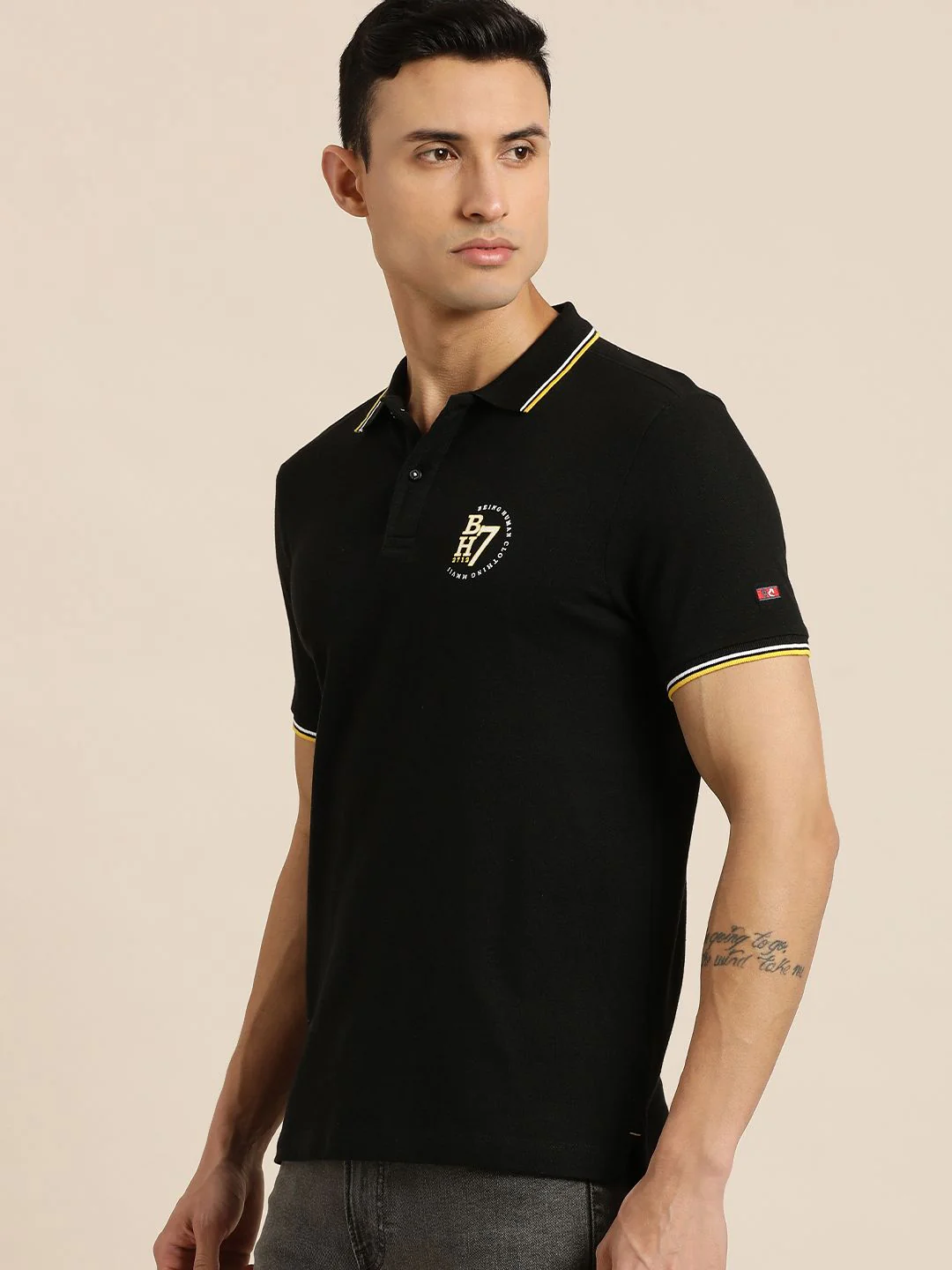 Being Human Men Black Solid Polo Collar Pure Cotton Slim Fit T-shirt With Brand Logo Print - Image 5