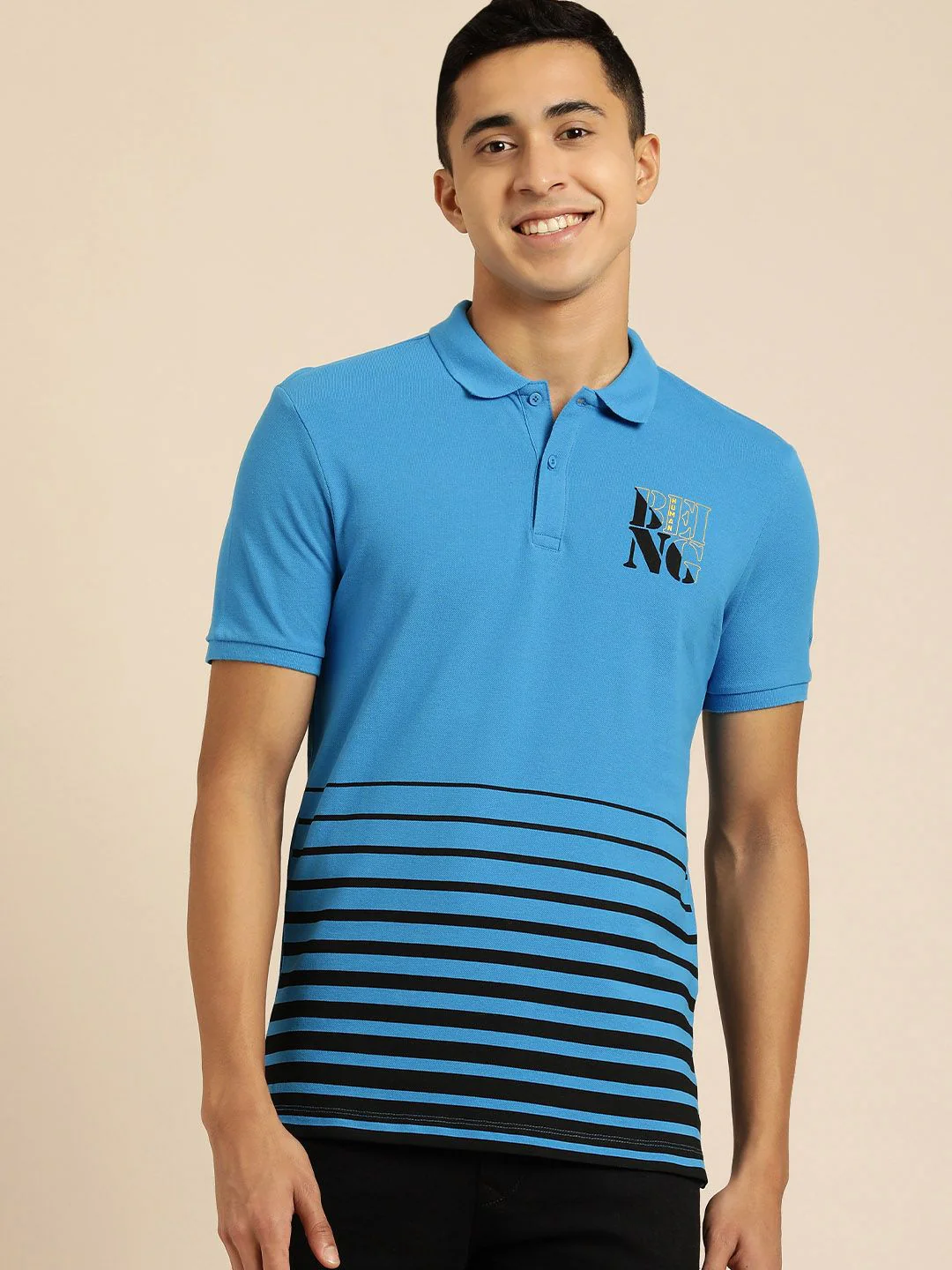 Being Human Men Blue & Black Brand Logo Printed Pure Cotton Polo Collar T-shirt - Image 3