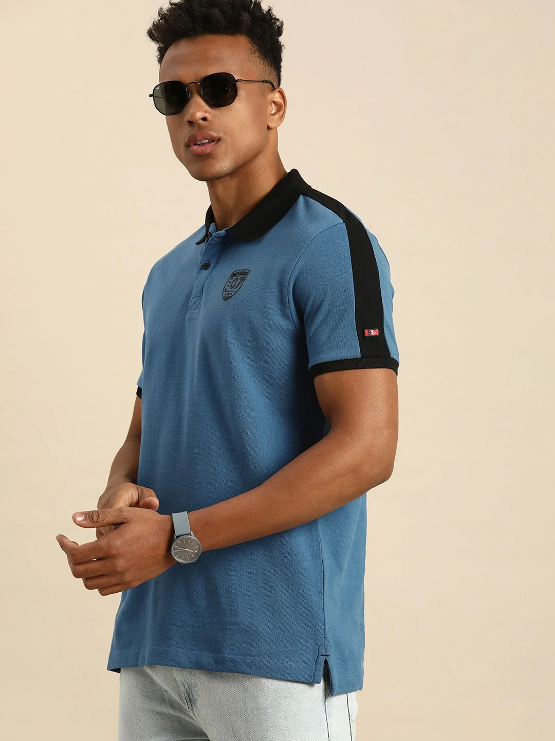 Being Human Men Blue & Black Colourblocked Polo Collar Slim Fit Pure Cotton Casual T-shirt
