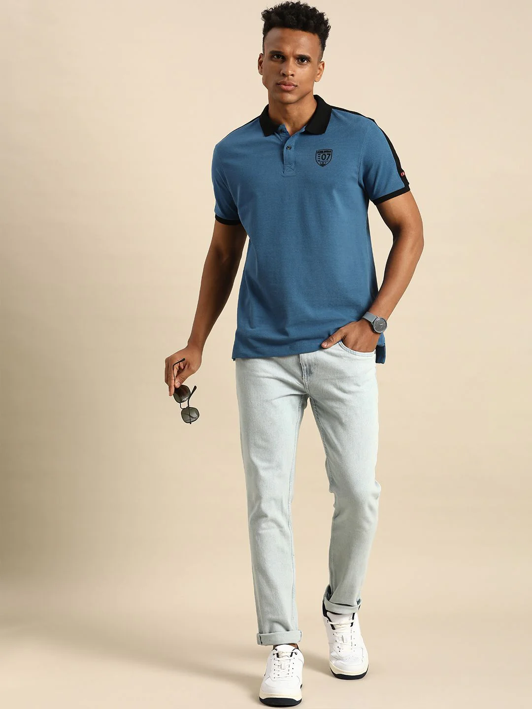 Being Human Men Blue & Black Colourblocked Polo Collar Slim Fit Pure Cotton Casual T-shirt - Image 4