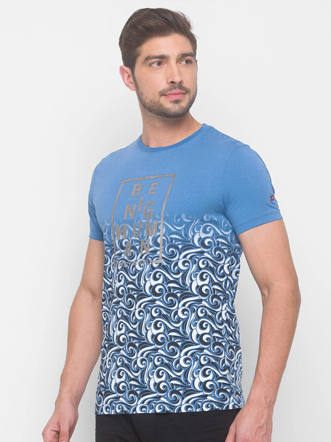 Being Human Men Blue Floral Printed Pure Cotton T-shirt - Image 3