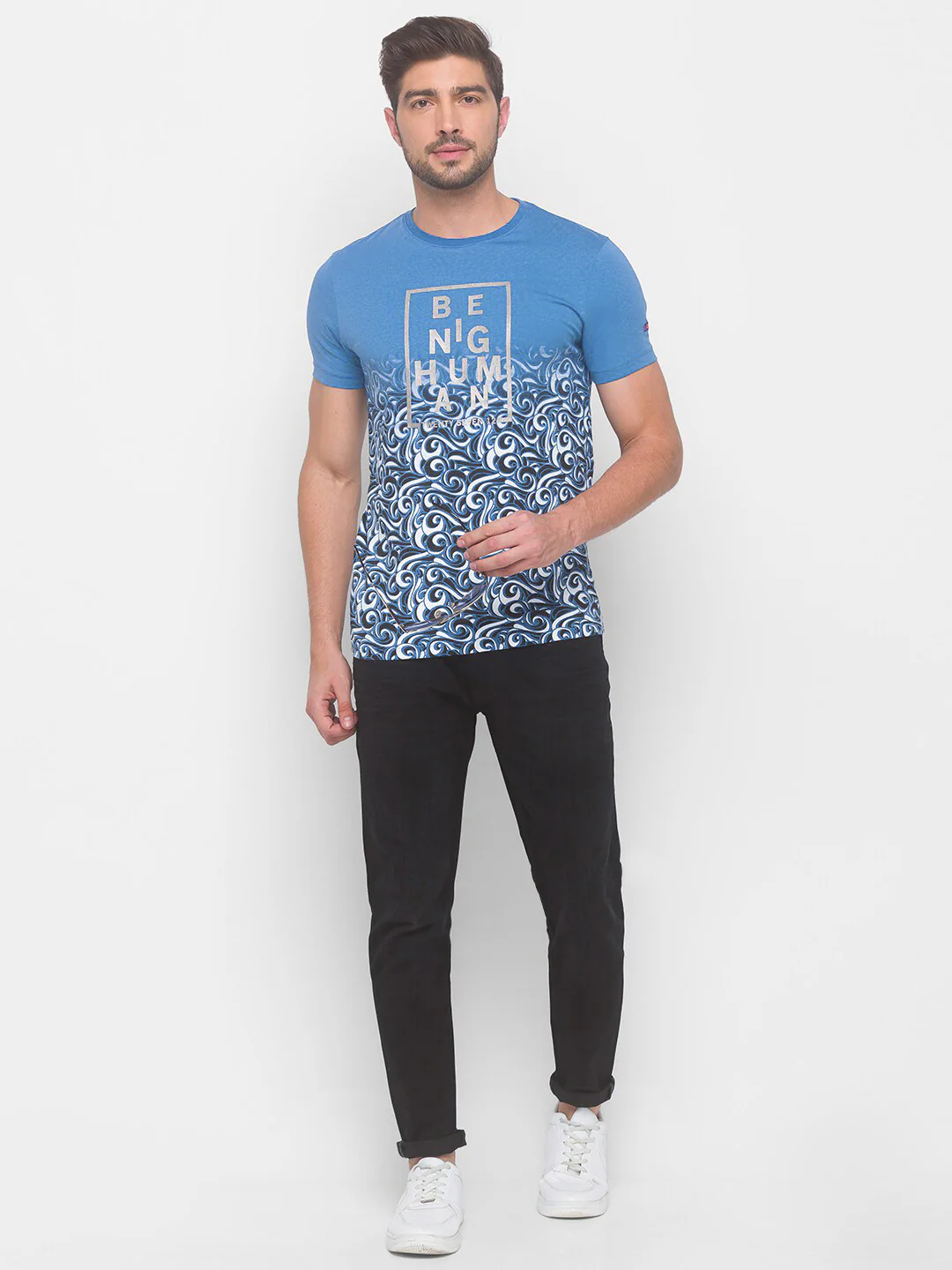 Being Human Men Blue Floral Printed Pure Cotton T-shirt - Image 4