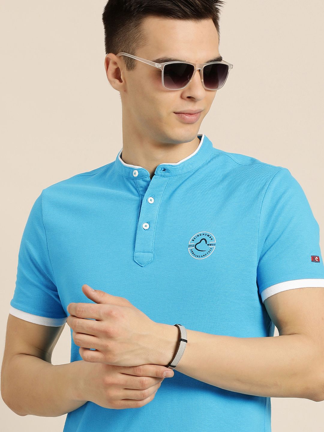 Being Human Men Blue Mandarin Collar Pure Cotton Slim Fit T-shirt With Brand Logo Print