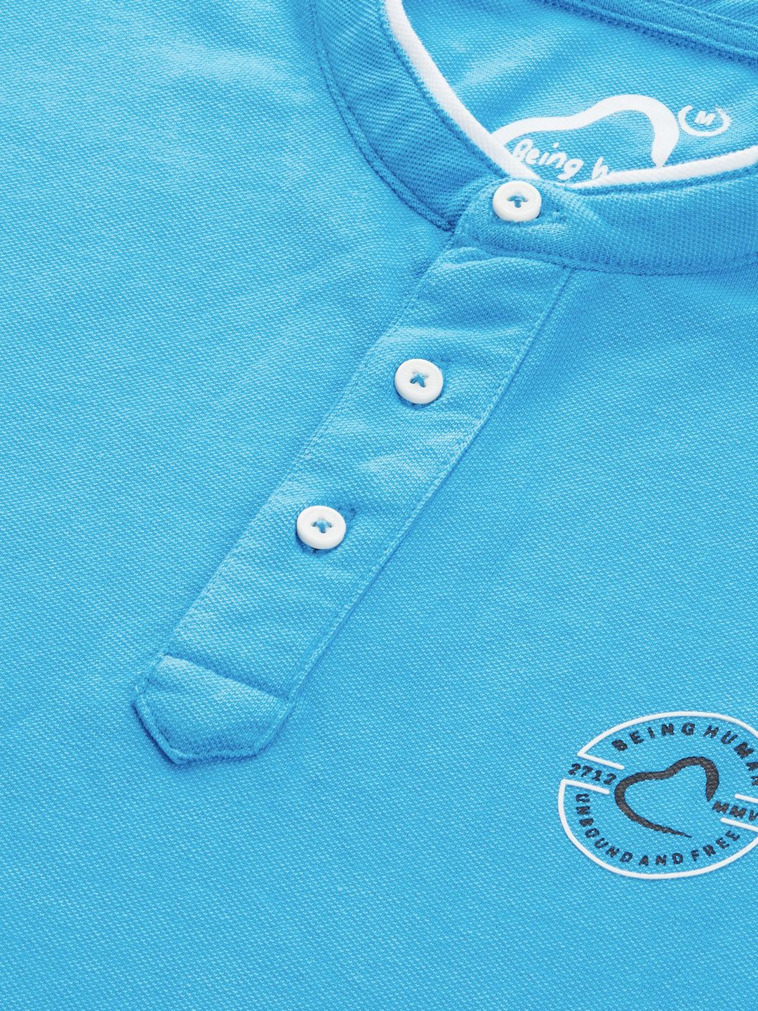 Being Human Men Blue Mandarin Collar Pure Cotton Slim Fit T-shirt With Brand Logo Print - Image 2