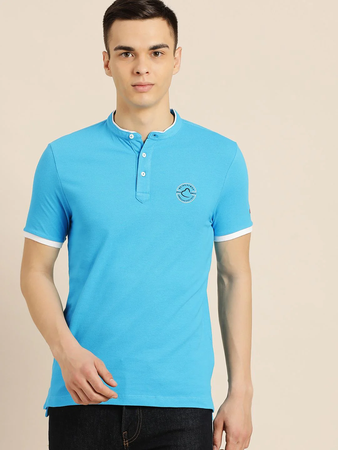 Being Human Men Blue Mandarin Collar Pure Cotton Slim Fit T-shirt With Brand Logo Print - Image 3