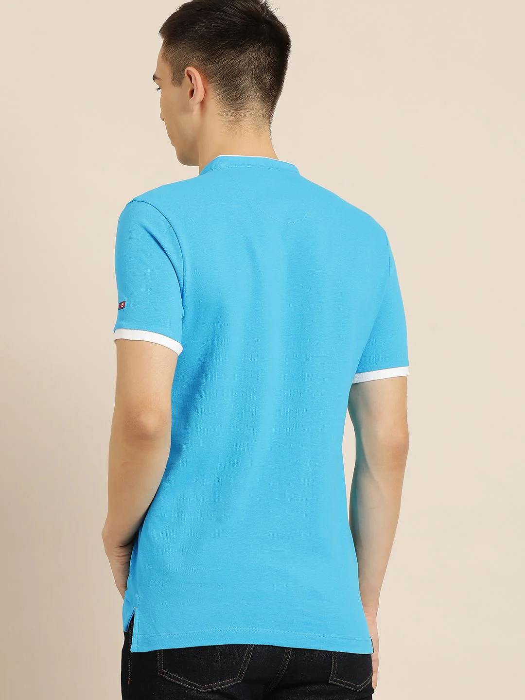 Being Human Men Blue Mandarin Collar Pure Cotton Slim Fit T-shirt With Brand Logo Print - Image 4
