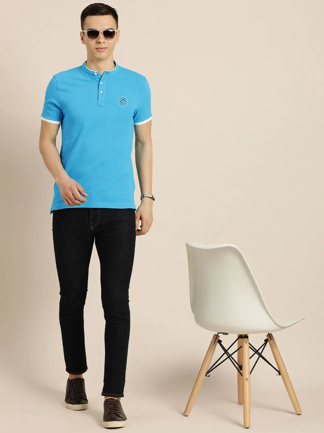 Being Human Men Blue Mandarin Collar Pure Cotton Slim Fit T-shirt With Brand Logo Print - Image 6