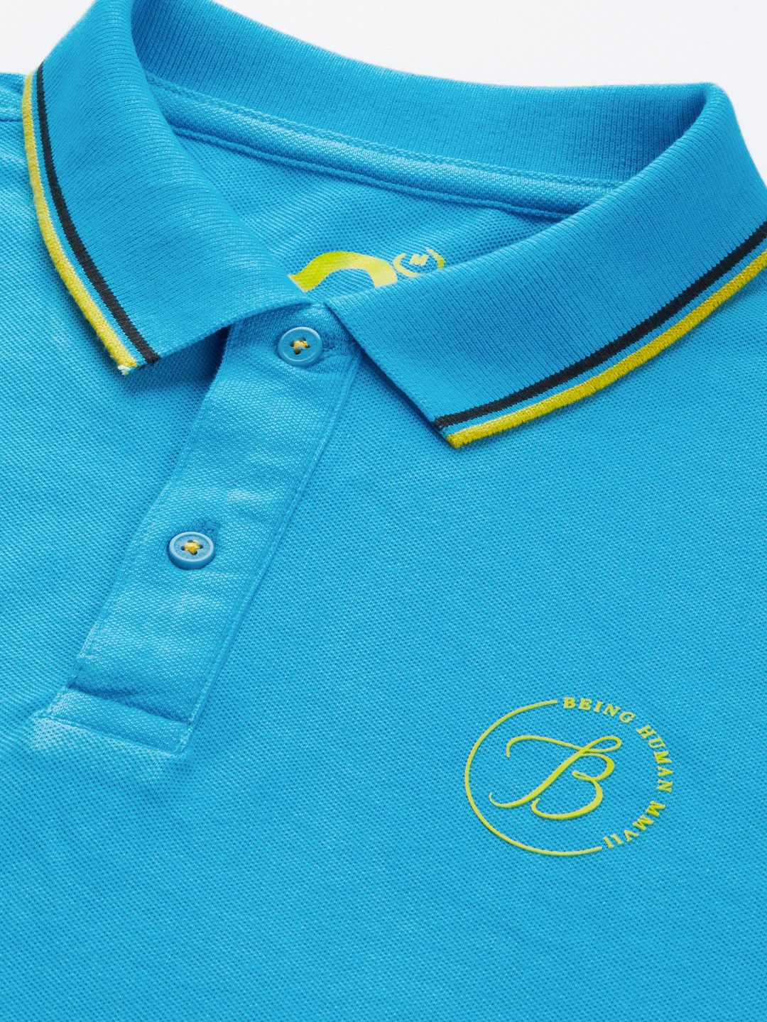 Being Human Men Blue Polo Collar Indigo Pure Cotton Slim Fit T-shirt With Brand Logo Print - Image 2