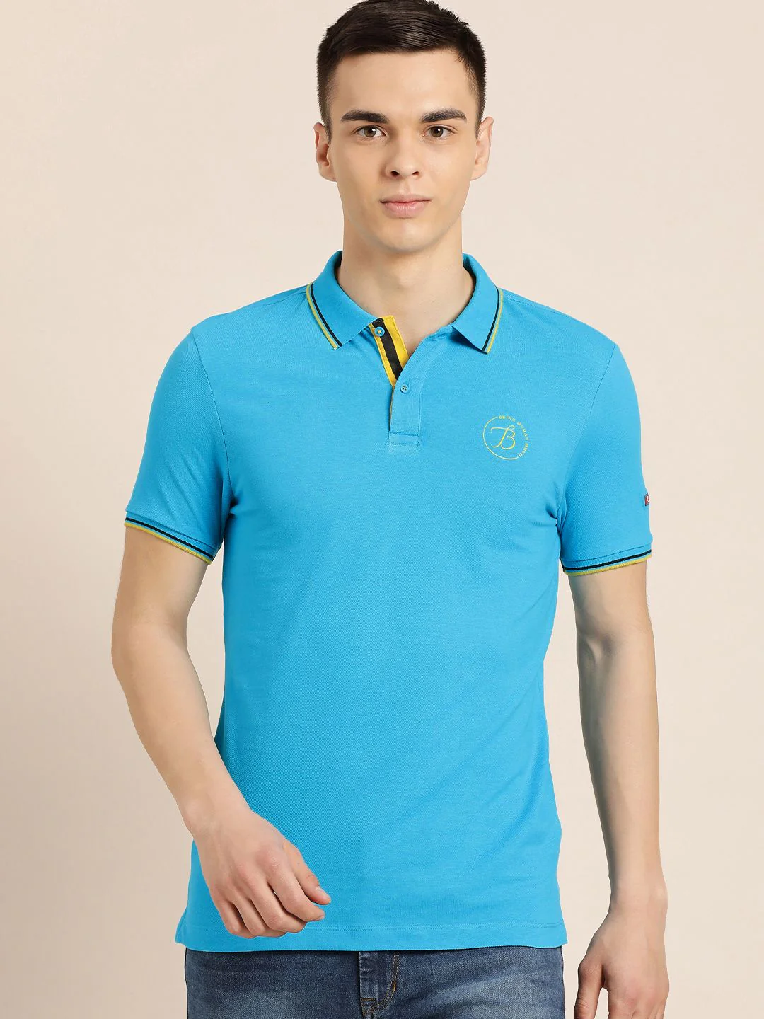 Being Human Men Blue Polo Collar Indigo Pure Cotton Slim Fit T-shirt With Brand Logo Print - Image 3