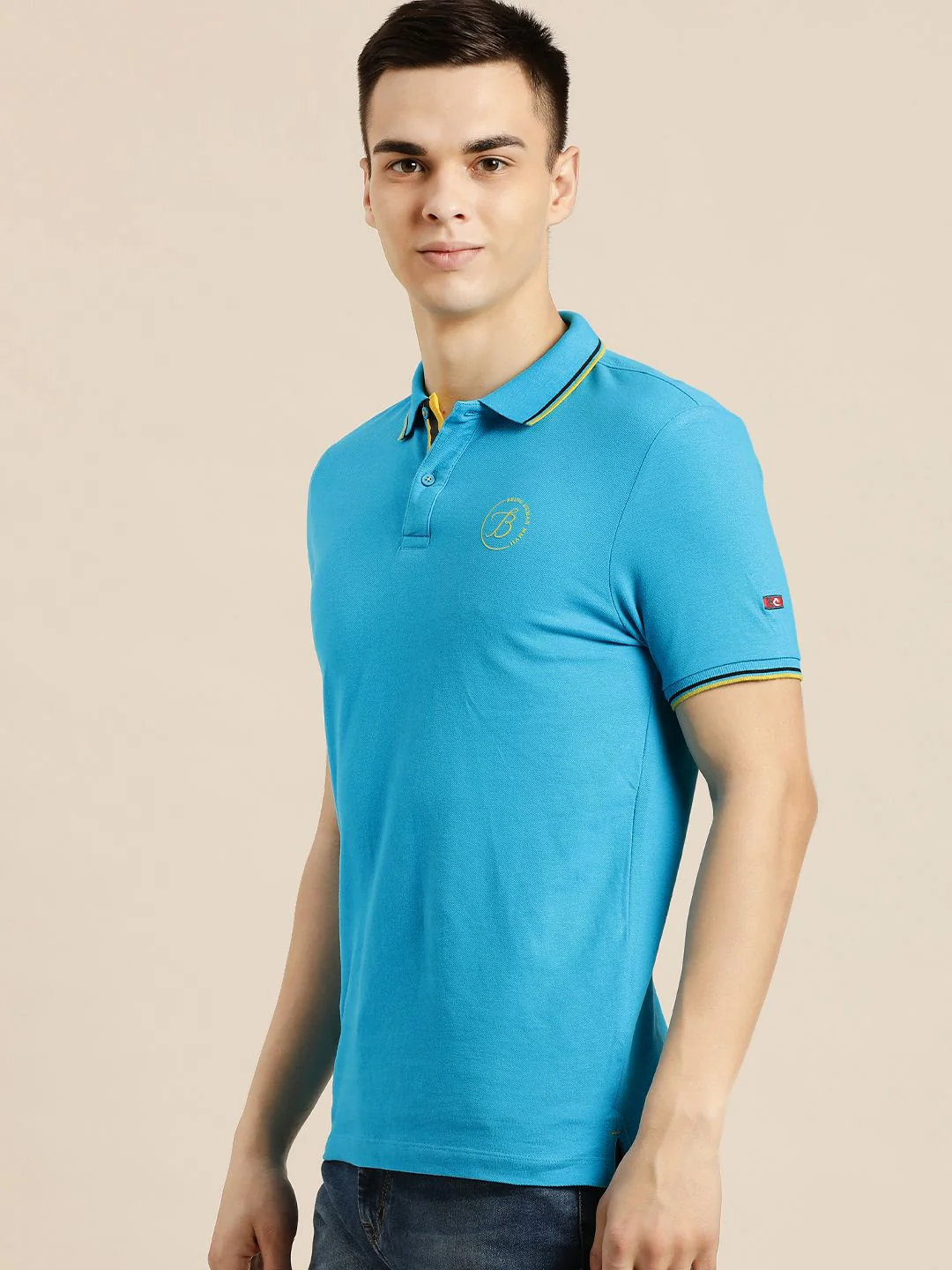Being Human Men Blue Polo Collar Indigo Pure Cotton Slim Fit T-shirt With Brand Logo Print - Image 5