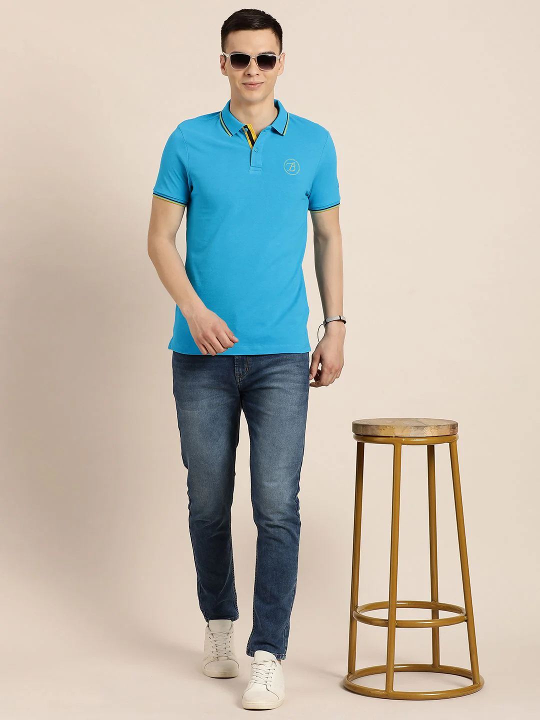 Being Human Men Blue Polo Collar Indigo Pure Cotton Slim Fit T-shirt With Brand Logo Print - Image 6