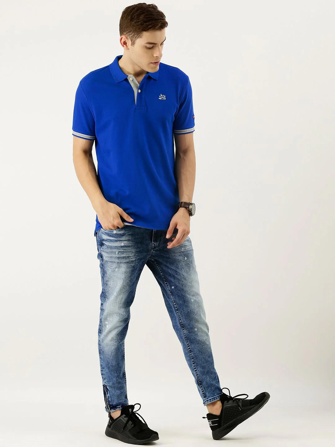 Being Human Men Blue Solid Polo Collar Pure Cotton T-shirt - Image 4