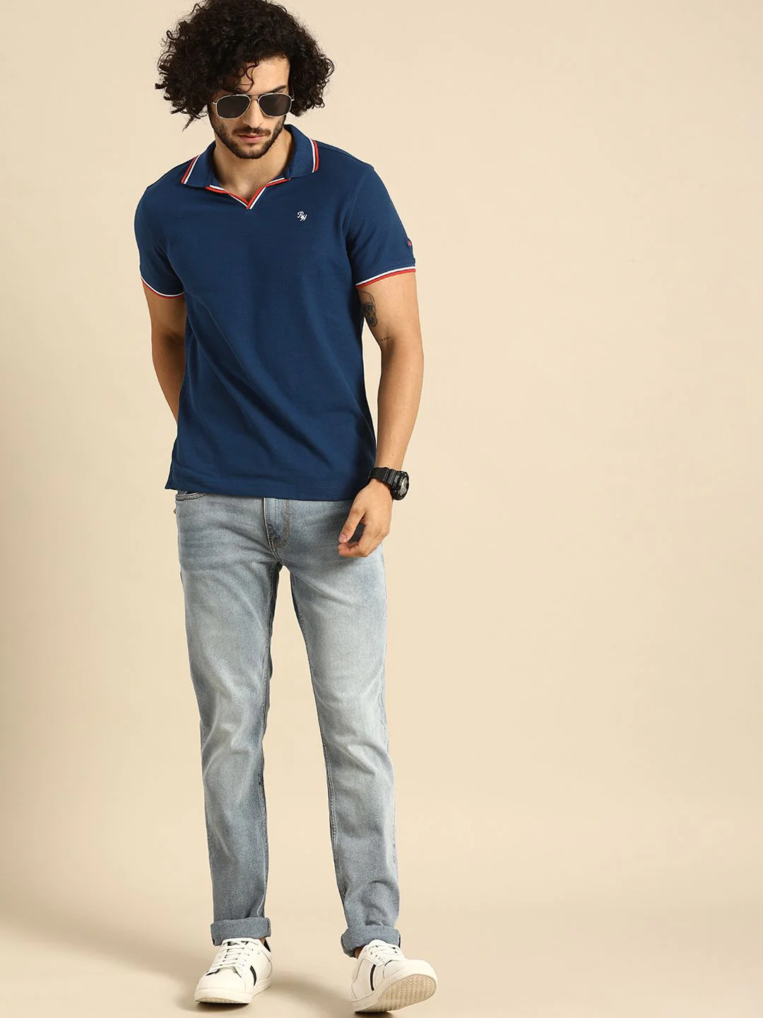 Being Human Men Blue Solid Polo Collar Pure Cotton T-shirt - Image 4
