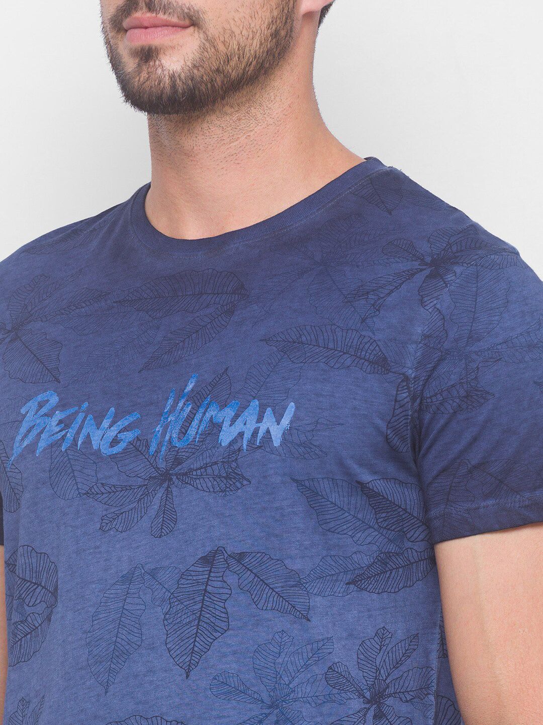 Being Human Men Navy Blue Typography Printed Pure Cotton T-shirt - Image 2